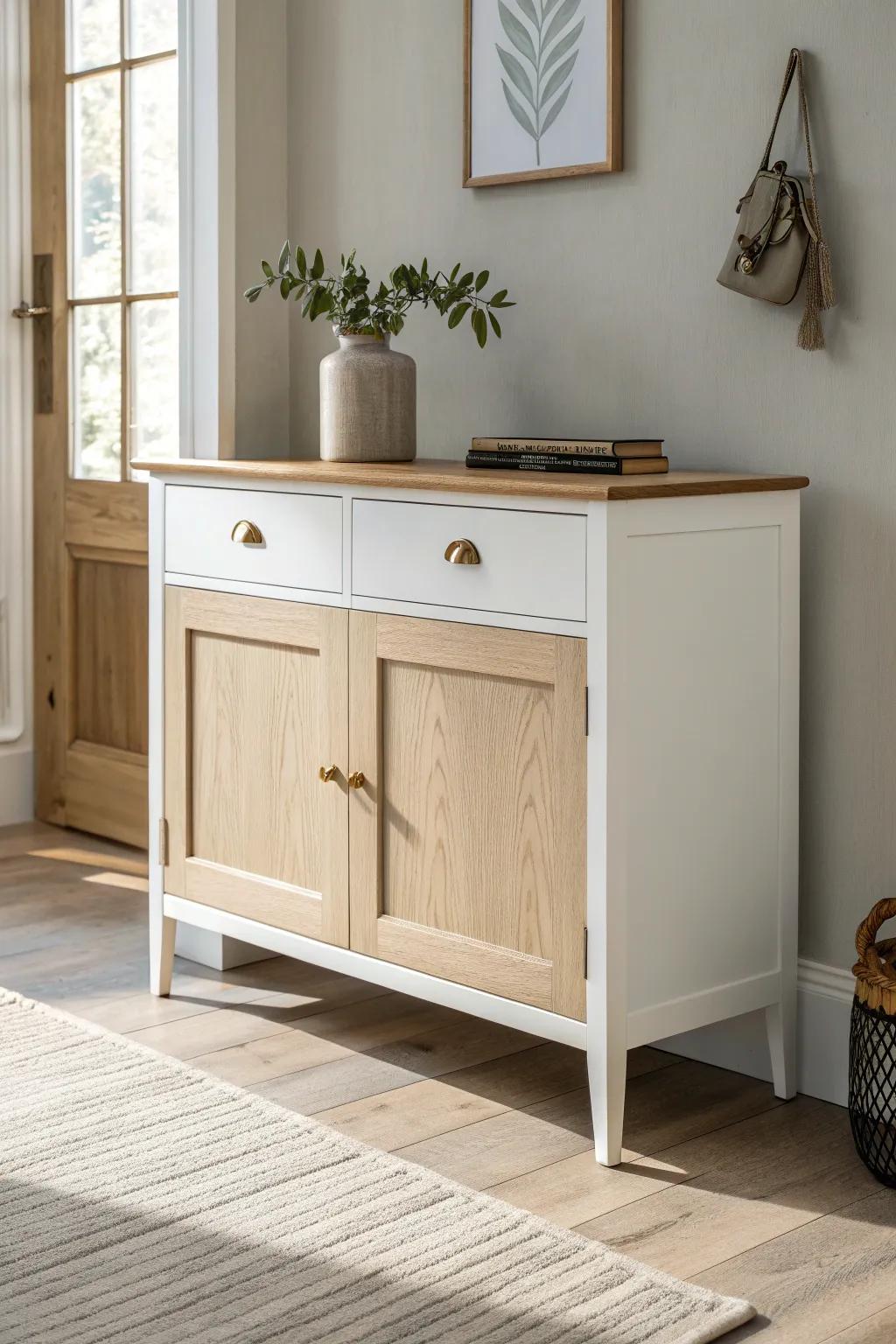 Two-tone sideboard: matte painted base + sealed oak top for warm, durable entryway style.
