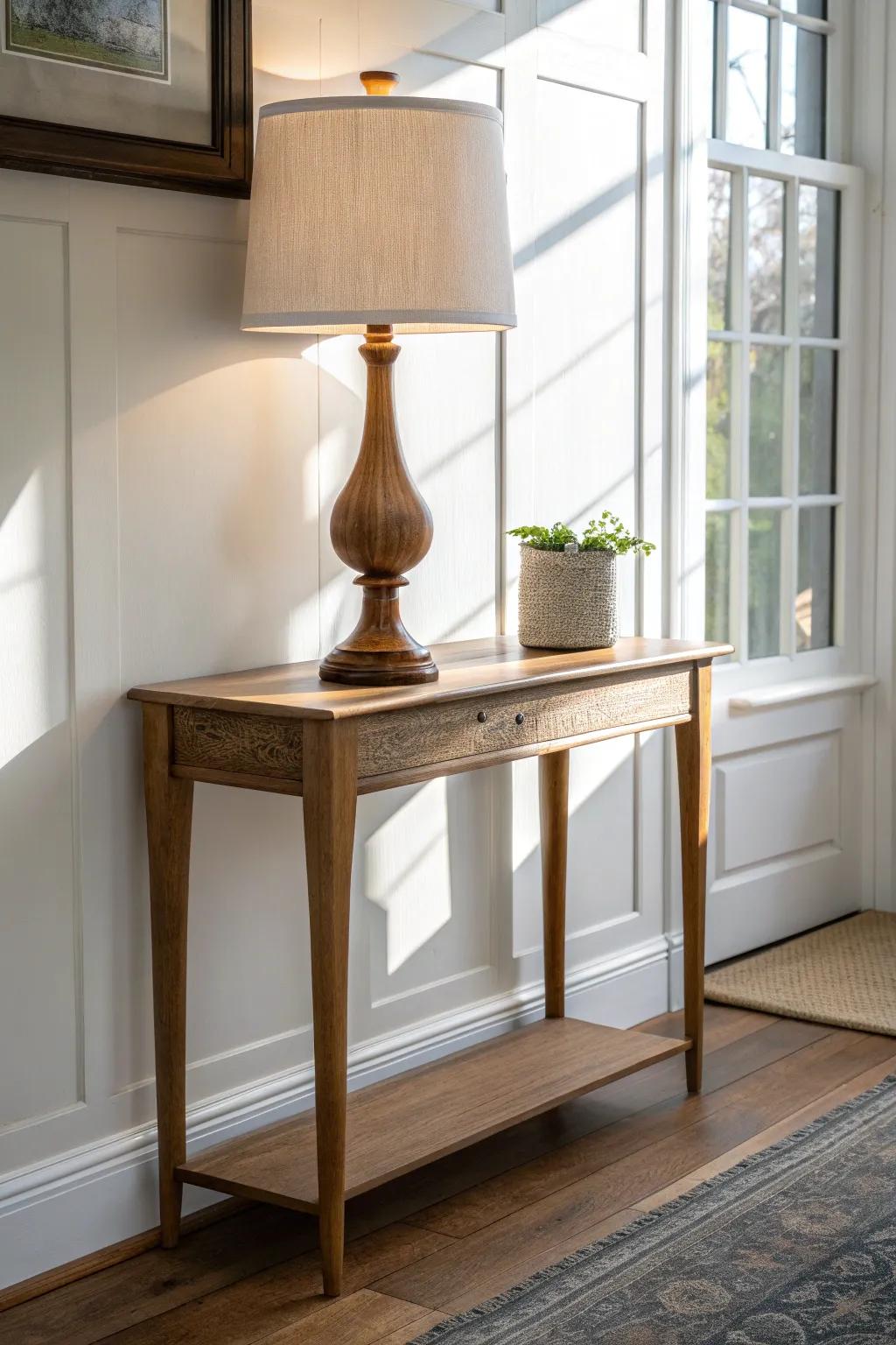 Petite wood-base lamp styling a narrow console—warm, minimal, and perfectly balanced.