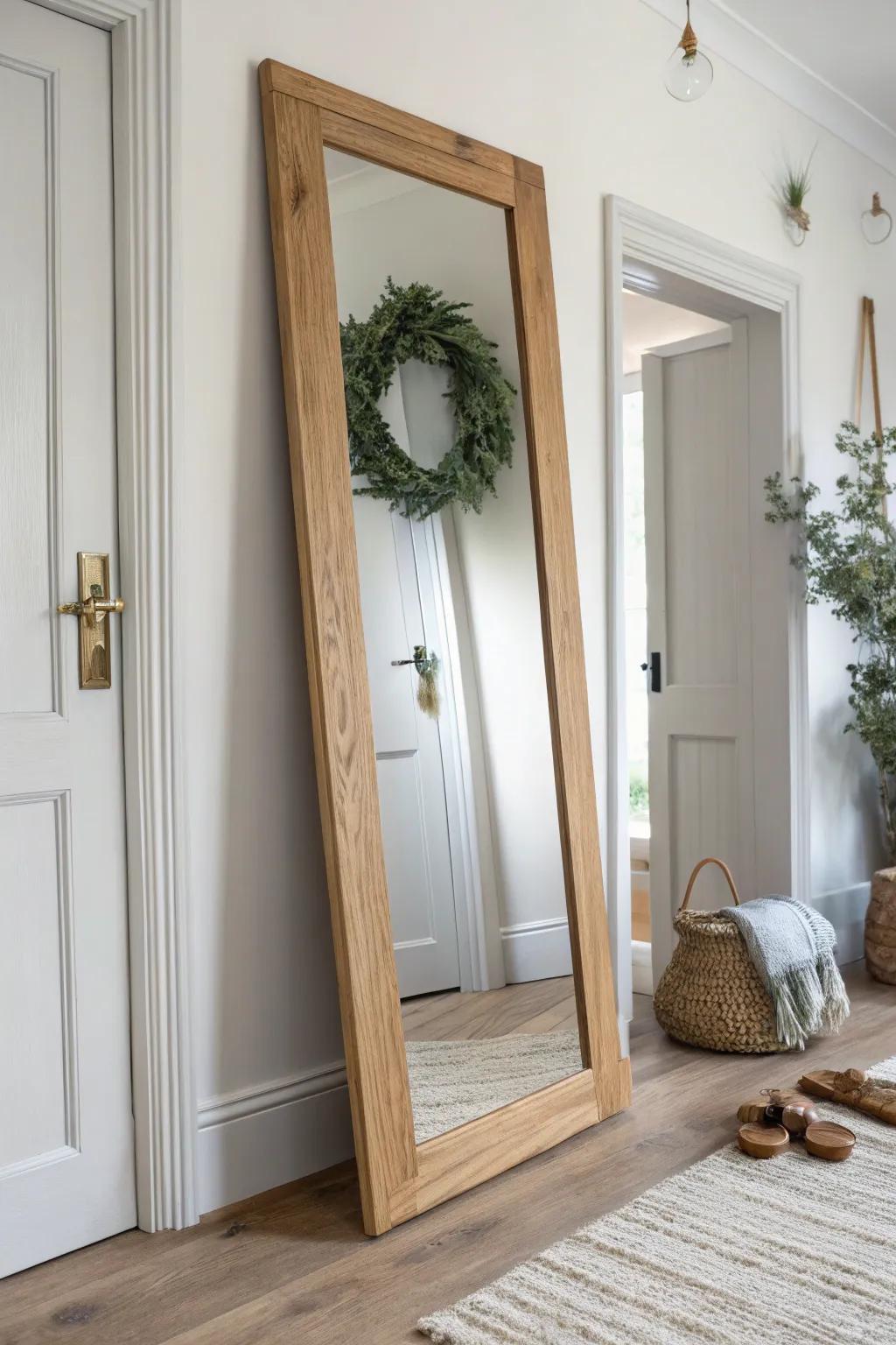 A light oak leaning mirror, softly anchored and topped with a tiny wreath for an airy entrywall.