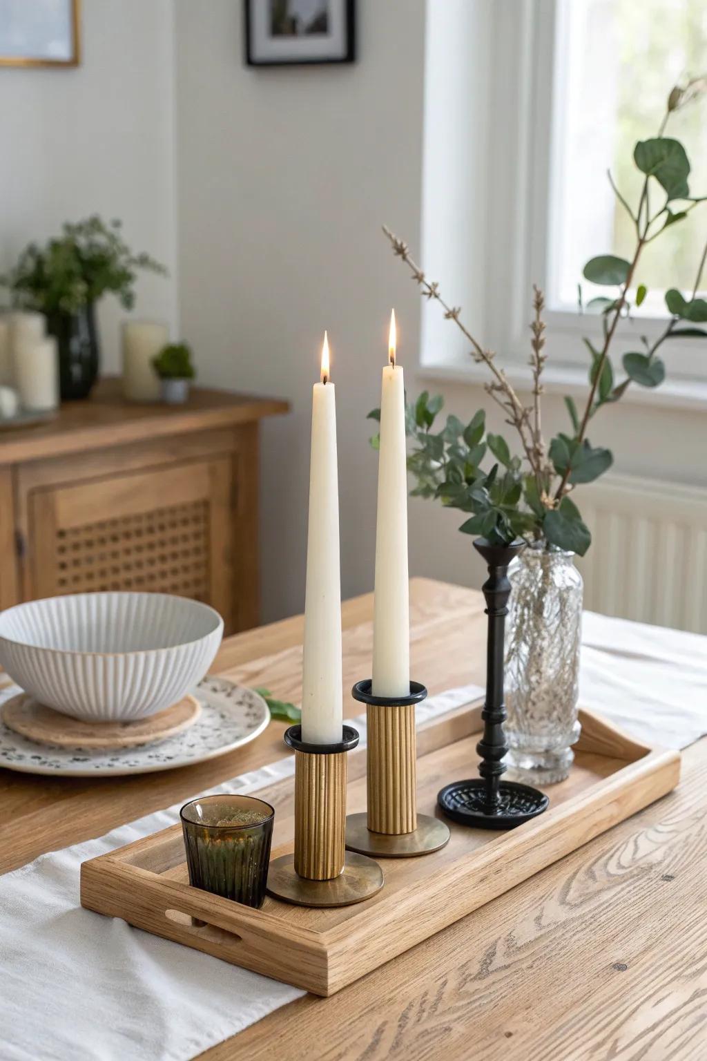 Mixed-height candles on an oak tray bring effortless, cozy restaurant glow to your table.