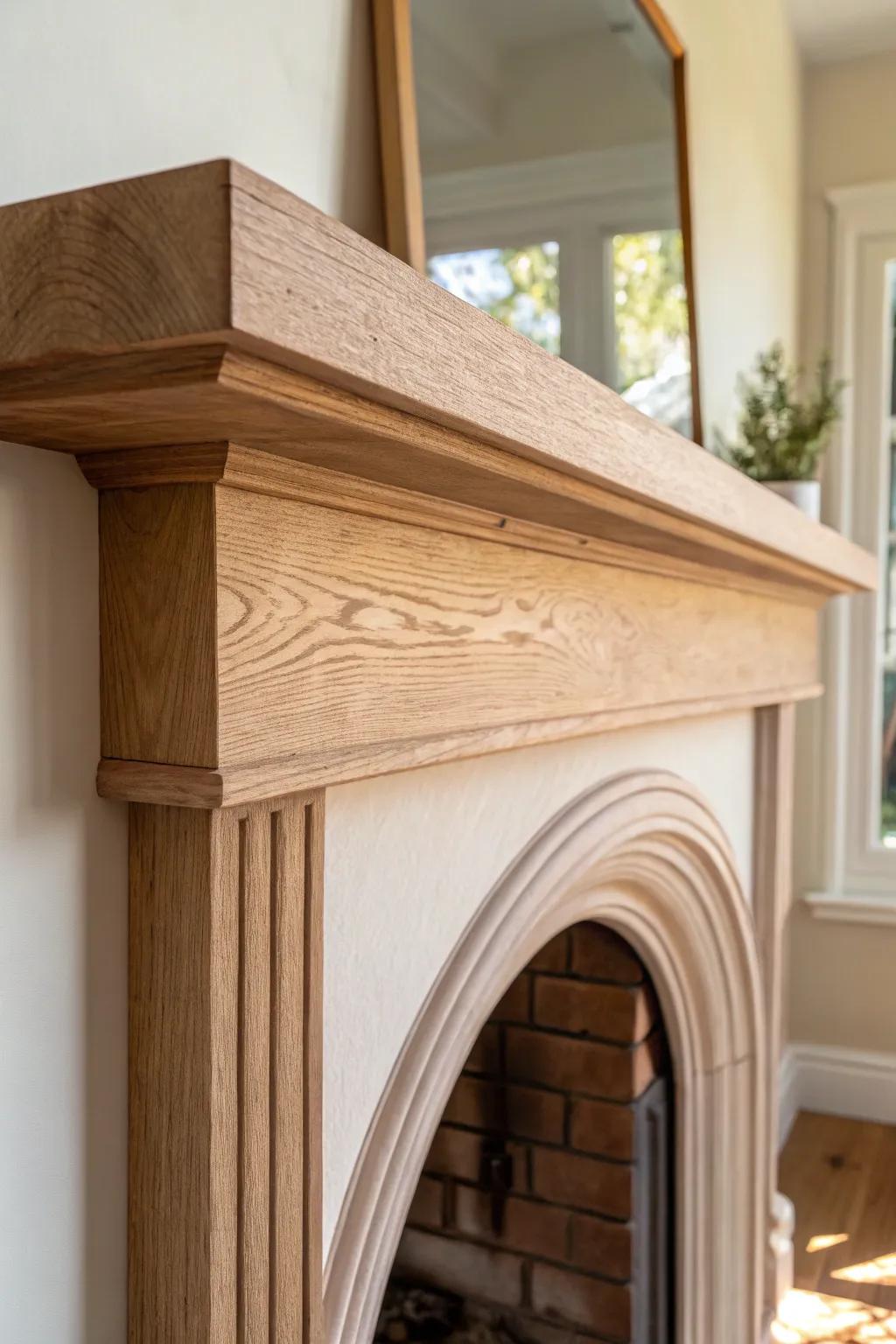 Painted arch faux fireplace with a slim oak mantel—minimal, cozy, and beautifully simple.