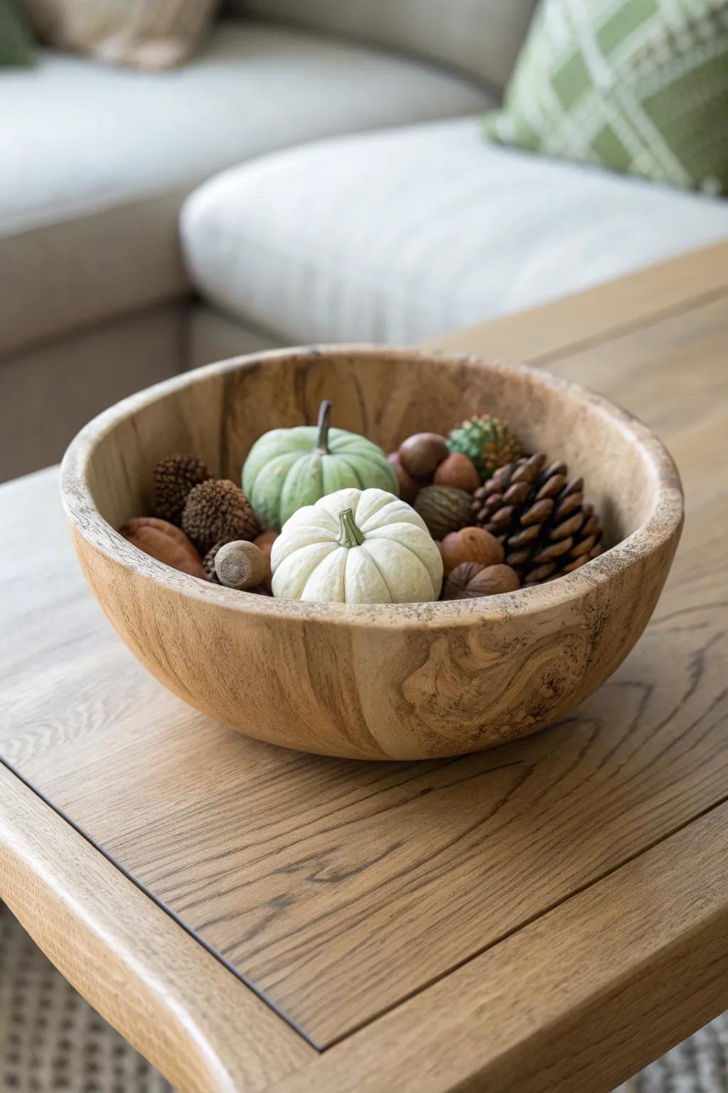 A carved wooden bowl filled with pinecones, acorns & mini gourds—easy fall table charm.