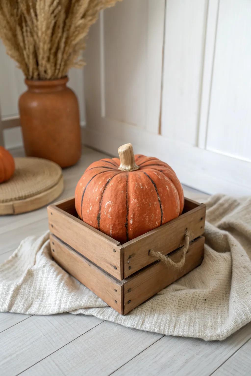 Painted crate pumpkin with a wood stem—minimal, stackable fall decor in warm Scandinavian style.