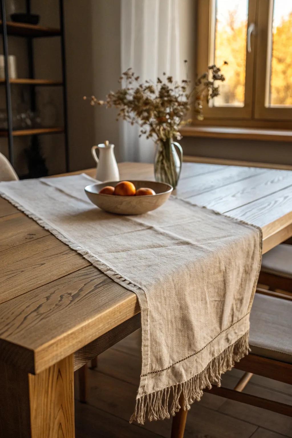 Wrinkled linen on warm bare wood—simple, cozy fall table styling with effortless charm.