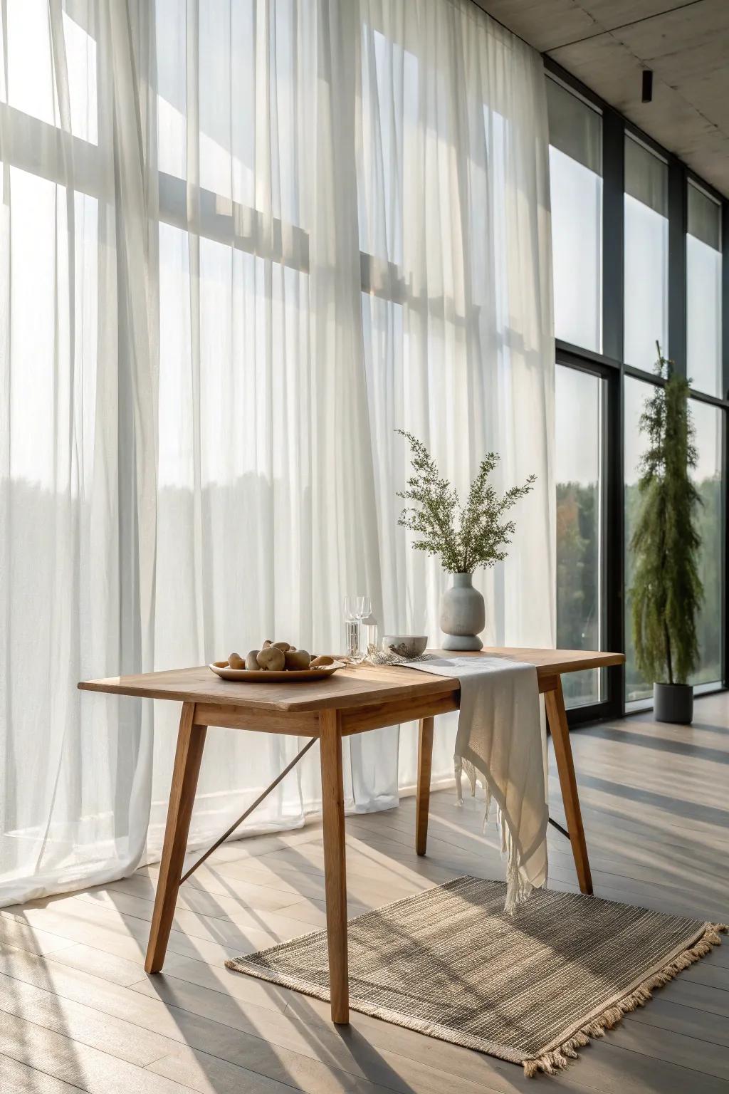 Airy daylight + sheer curtains make a family dining room feel calm, bright, and open.