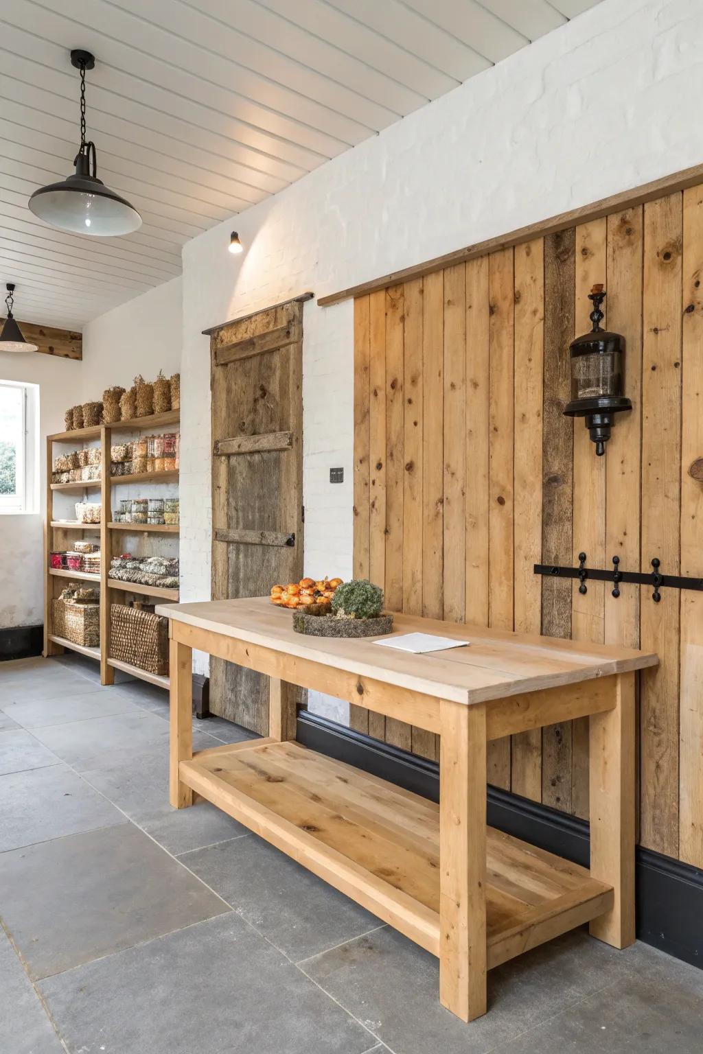 Reclaimed wood accent wall behind a clean workbench—instant warmth for a functional farm shop.