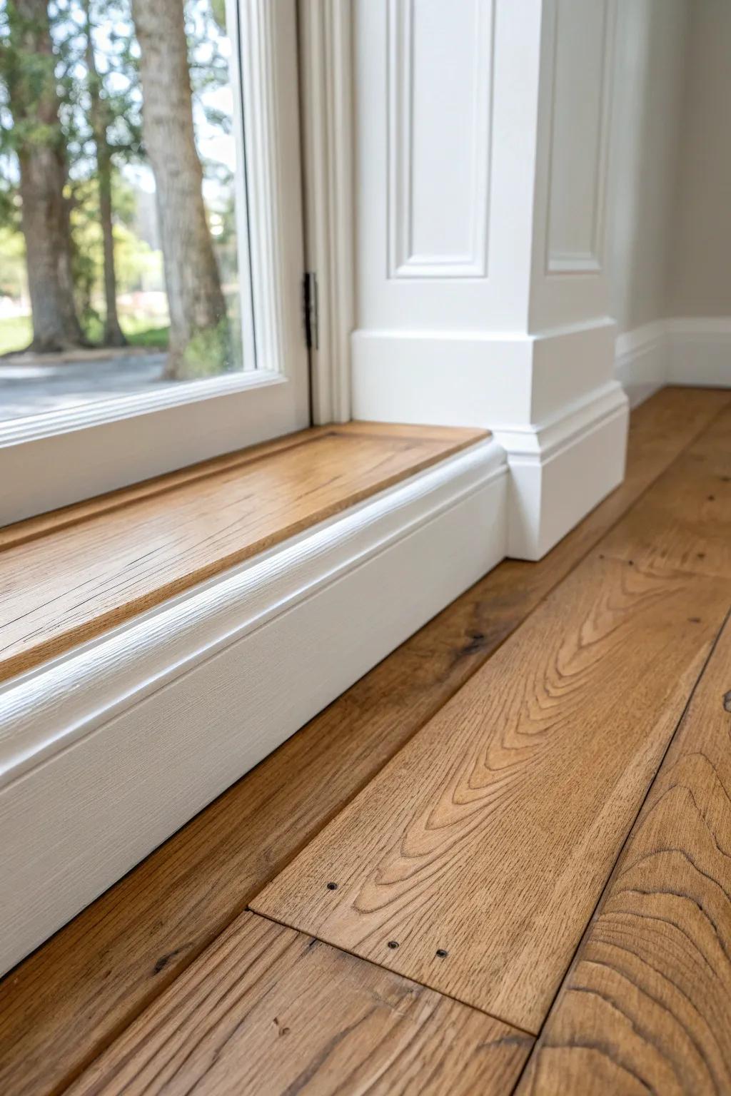 Shoe molding hides wavy-floor gaps for a seamless, farmhouse-finished baseboard look.