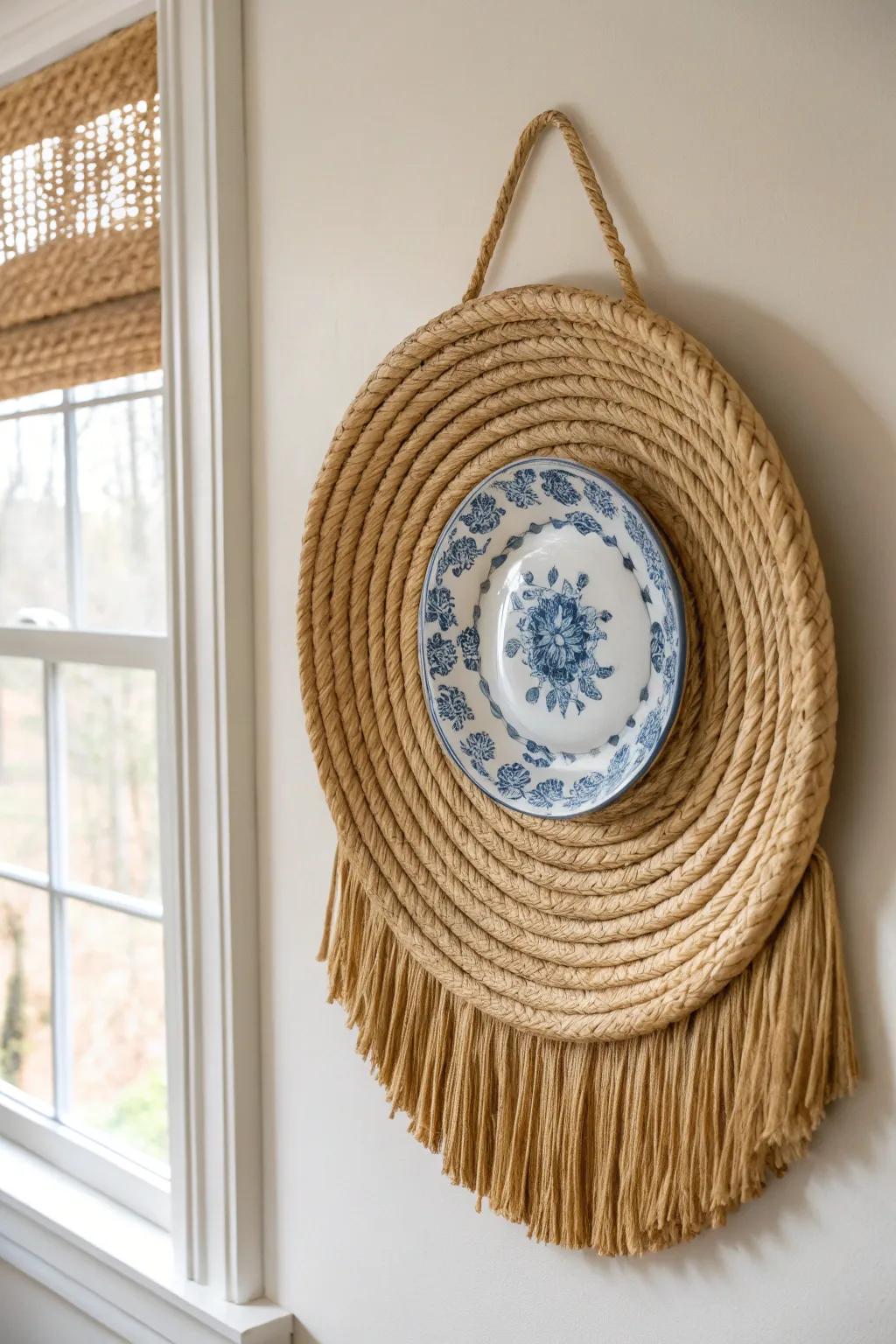 Woven basket + blue-and-white plate wall moment—farmhouse charm with fresh, airy contrast.