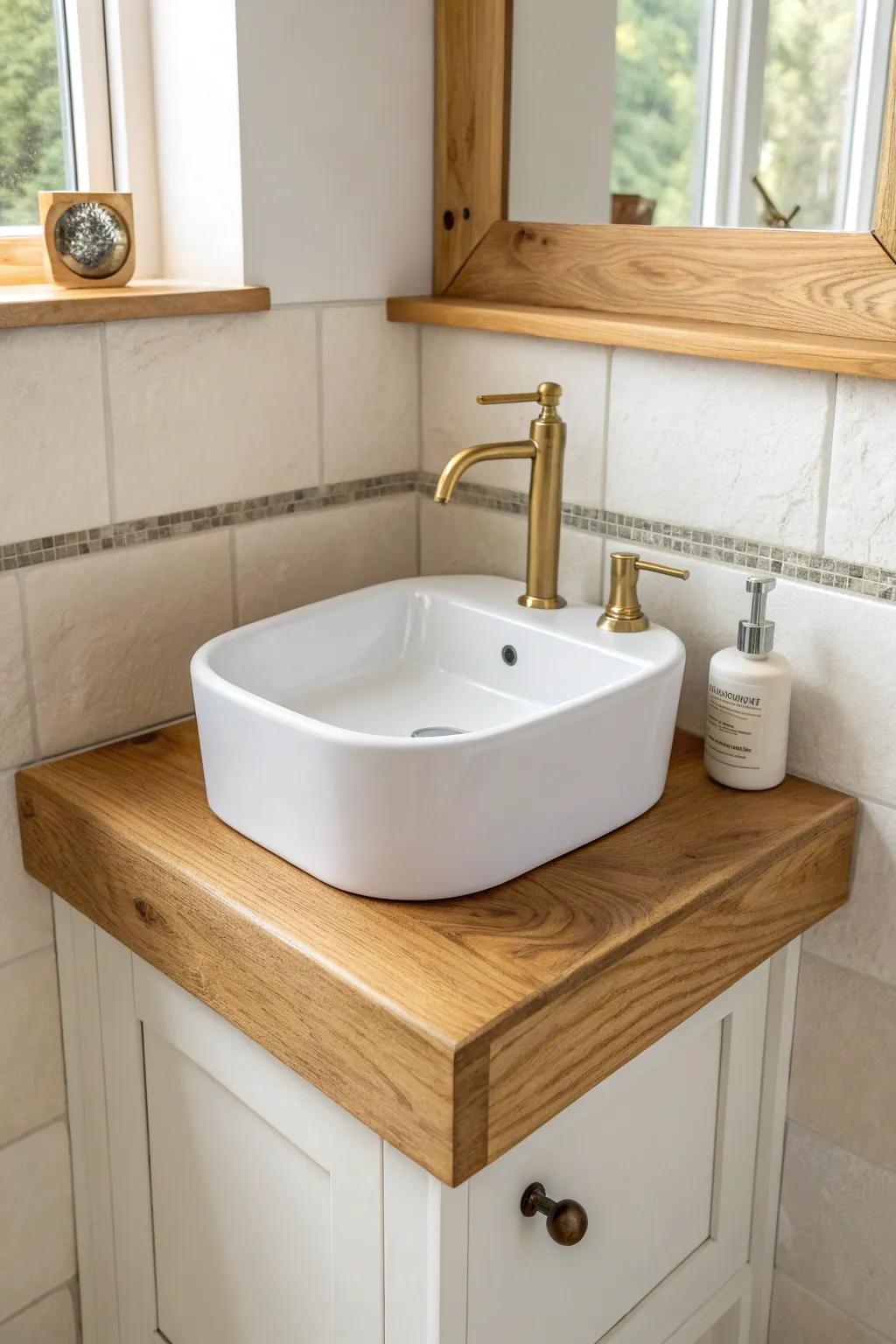 Corner farmhouse sink with a custom triangular wood top—tiny powder room, big style.