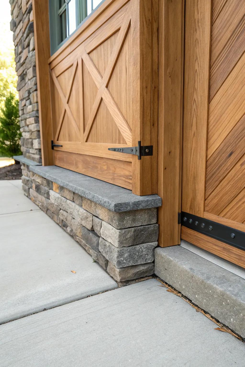 Warm wood meets rugged stone—farmhouse garage walls that stay beautiful and splash-proof.