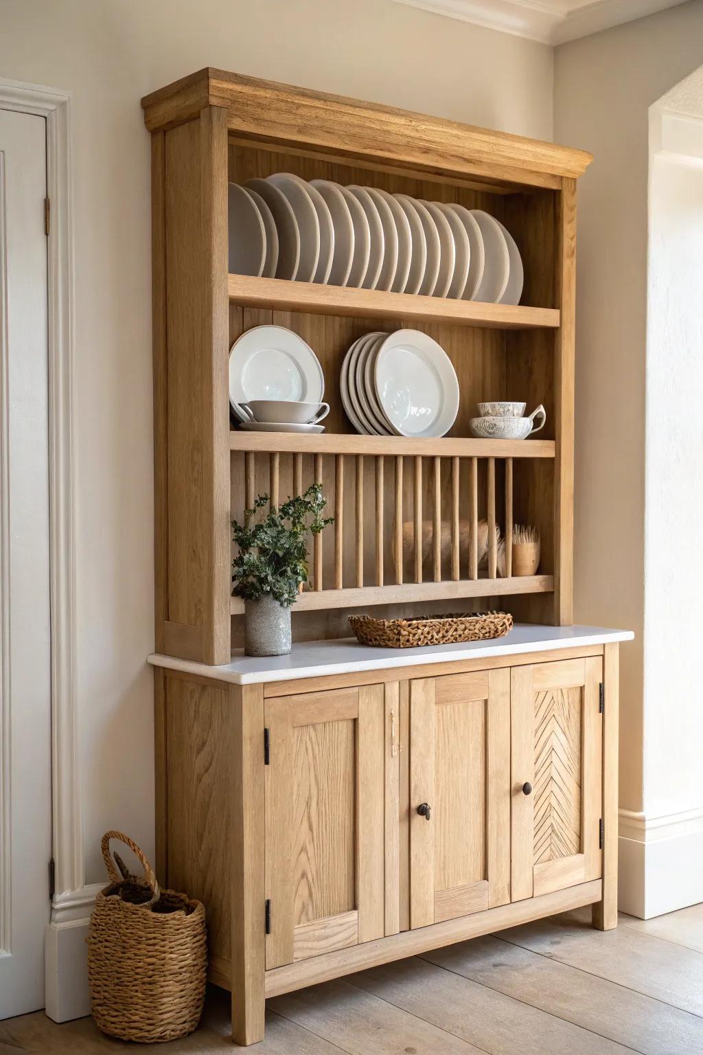 Built-in plate rack cabinet: simple, handcrafted farmhouse charm with clean Scandinavian ease.