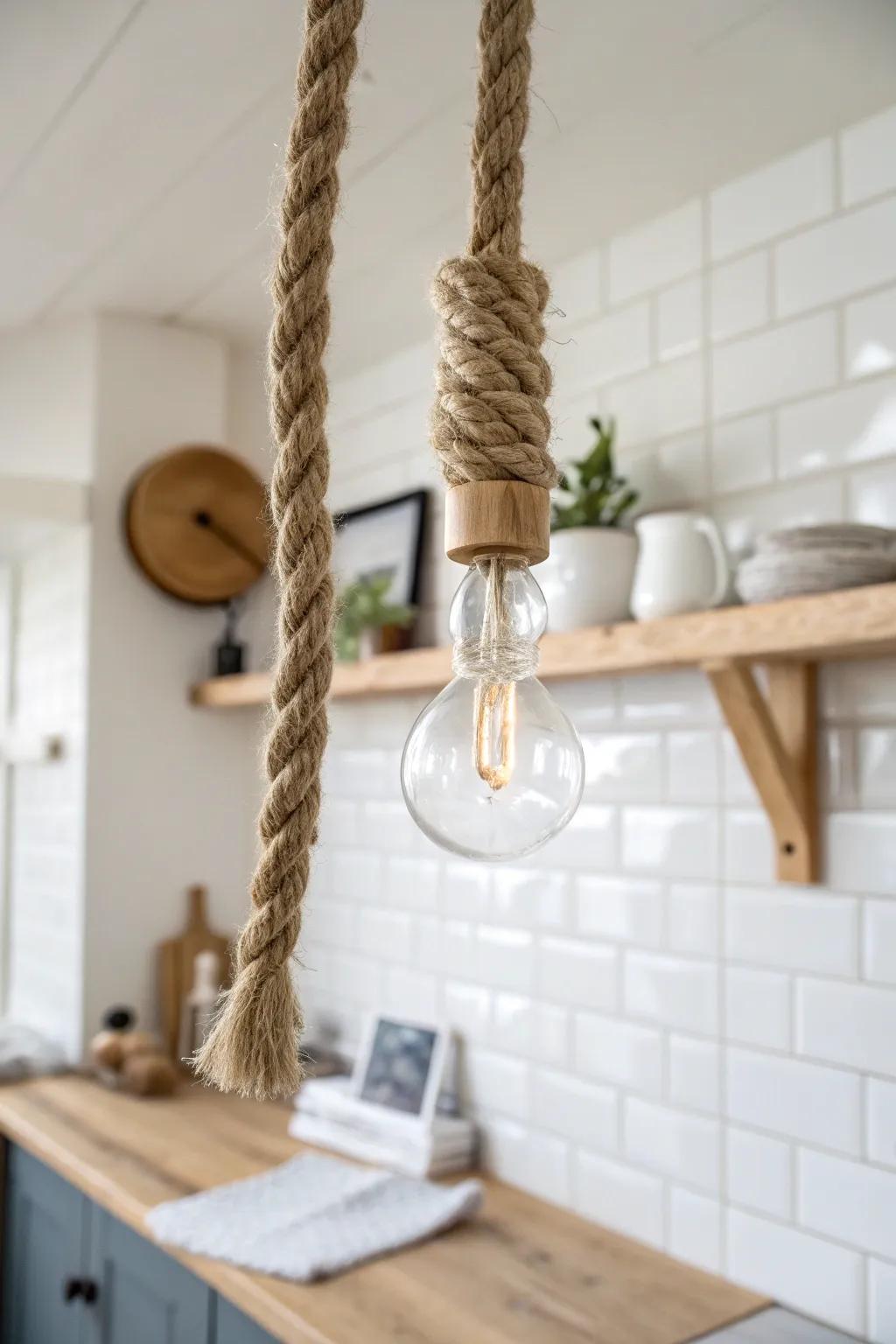 Rope-wrapped pendant cord brings soft rustic texture without weighing down your island.