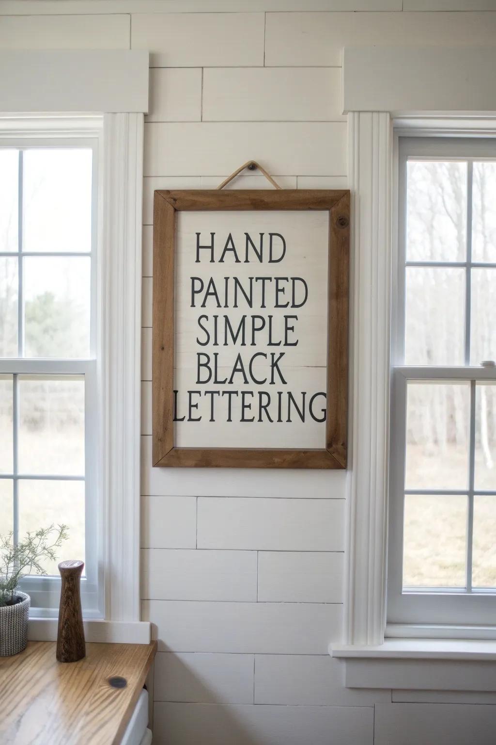 A hand-painted slim wood sign above the window brings rustic warmth to an empty sink wall.