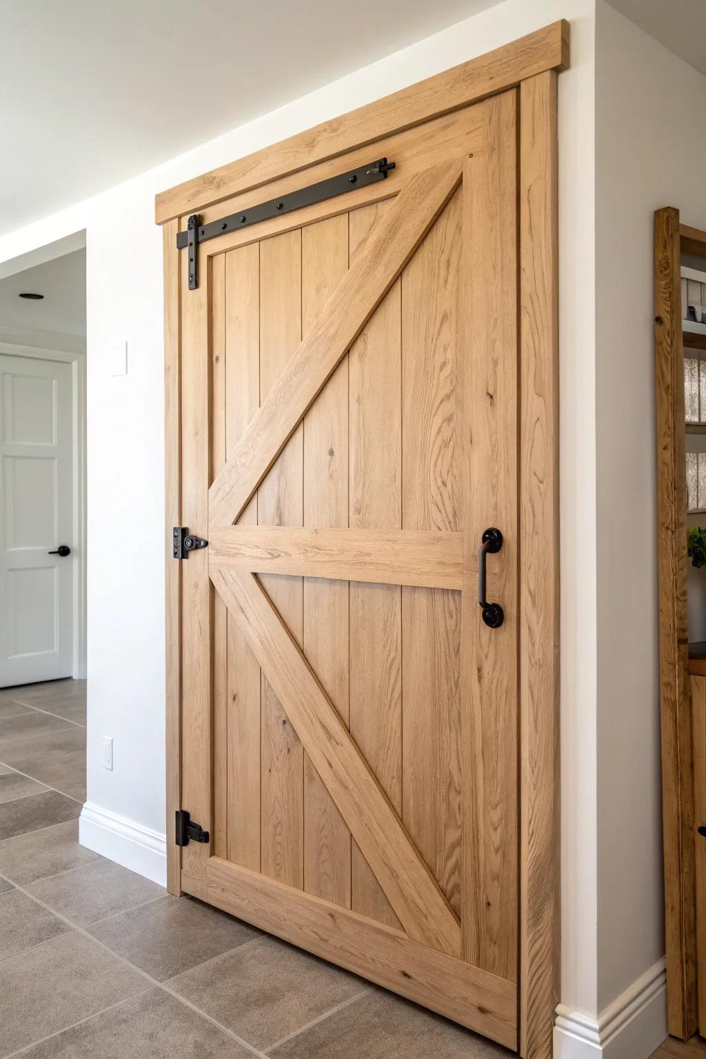 Angled corner pantry door: farmhouse planks and a bold handle that keeps traffic flowing.