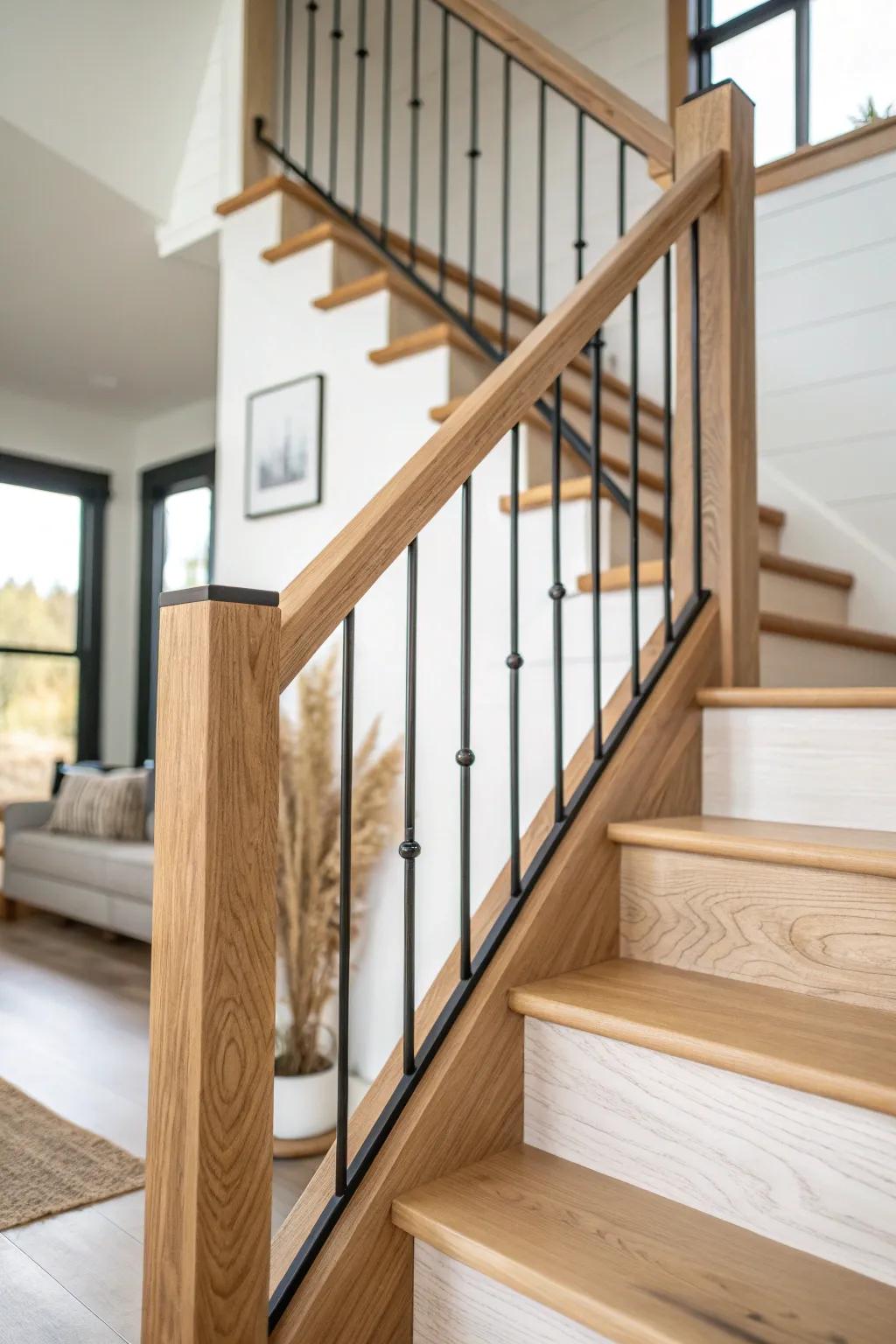 Warm oak handrail + matte black pickets on an open stringer staircase—airy modern farmhouse.