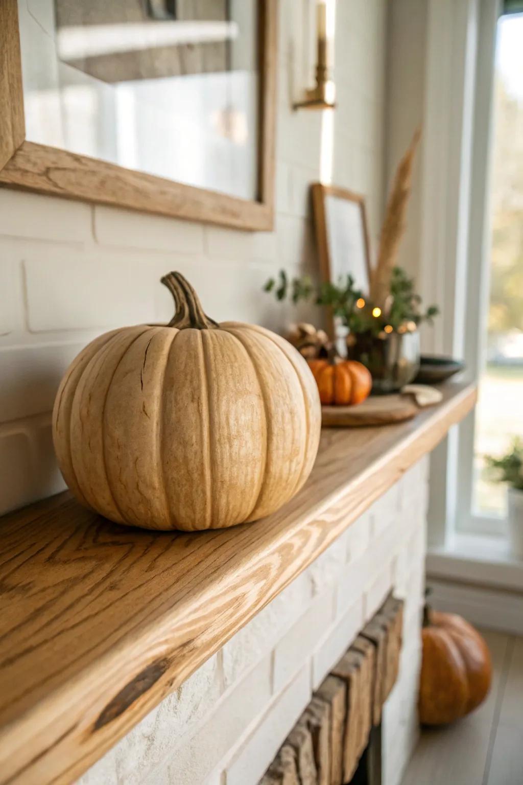A neutral shelf refreshed with one carved wooden pumpkin—seasonal charm in seconds.