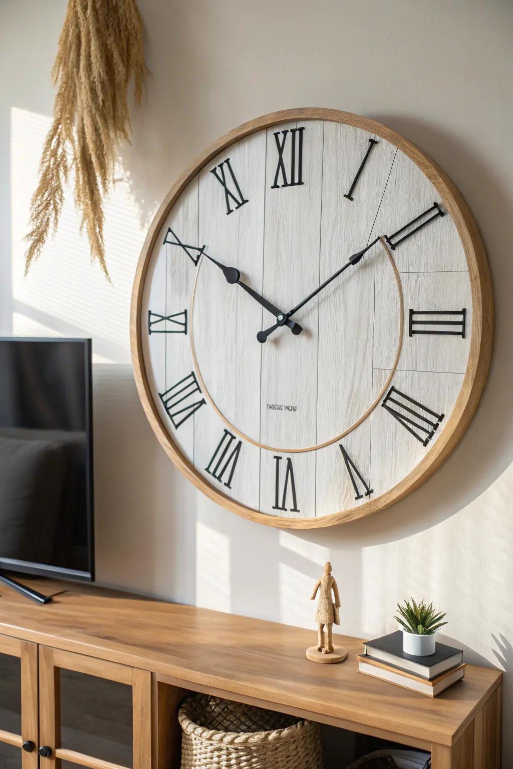An oversized farmhouse clock adds cozy character above your TV stand—simple, relaxed, timeless.