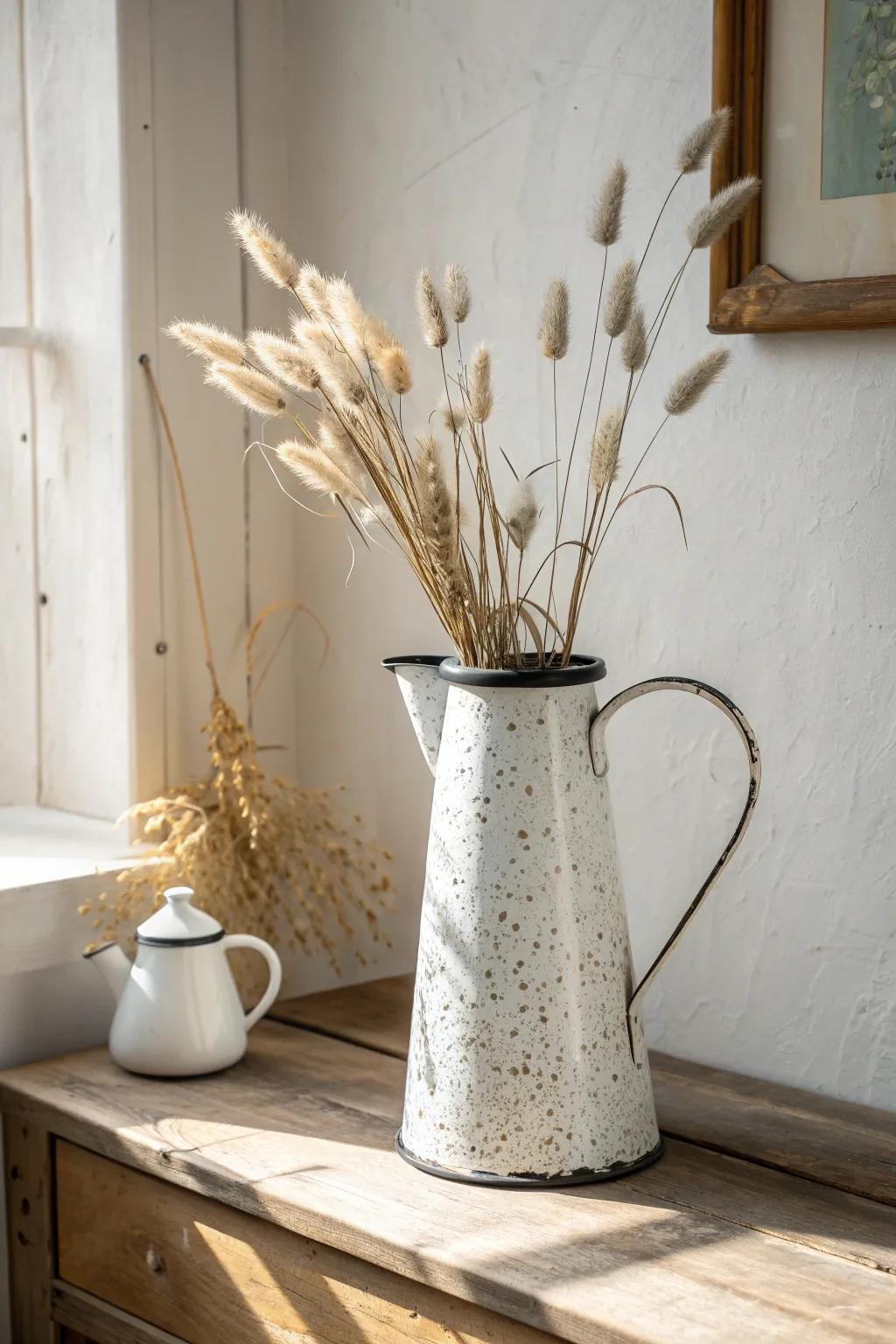 Speckled enamel coffee pot + airy dried stems—an effortless farmhouse vase with cozy charm.
