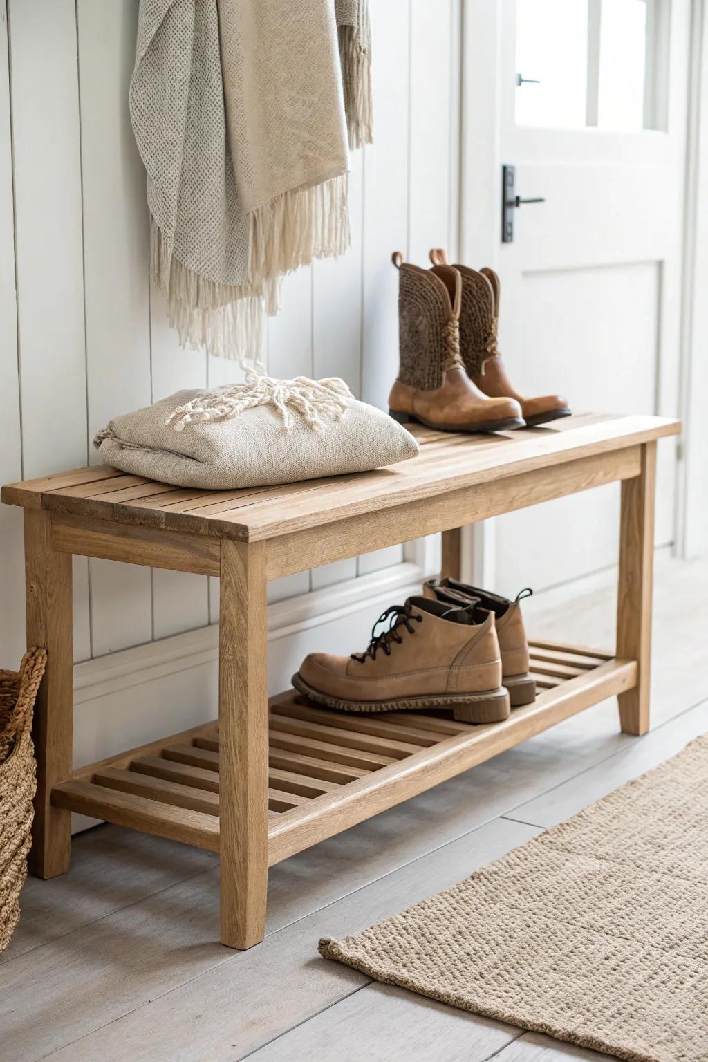 A simple oak bench with a cushioned top and boot shelf makes closet try-ons feel effortless.
