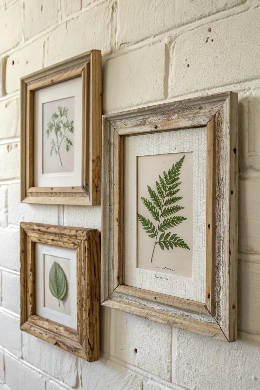Empty vintage wood frames paired with botanical prints for an airy, layered farmhouse wall.