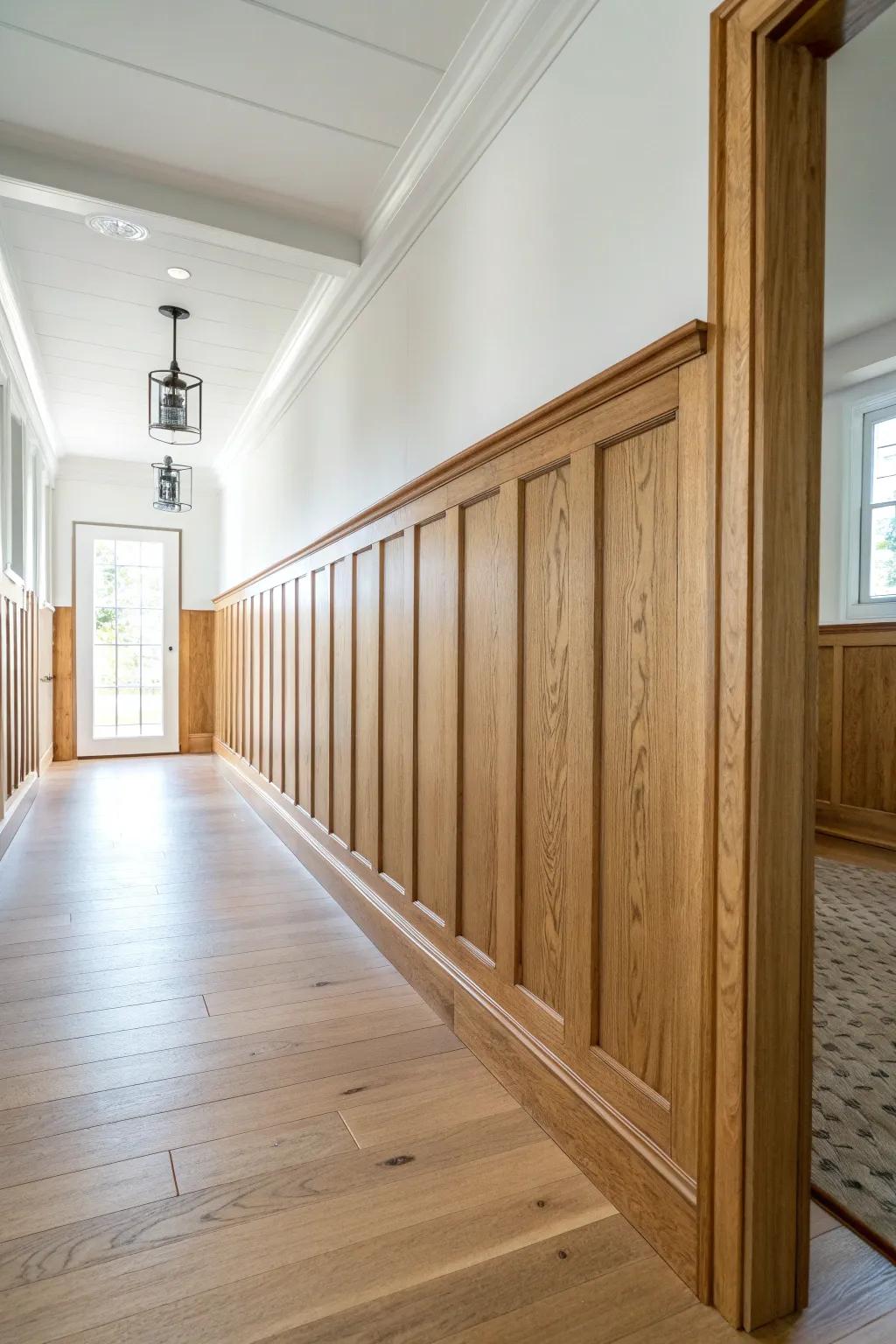 Hallway wainscoting brings farmhouse rhythm—warm oak, crisp white, and quiet Scandinavian charm.