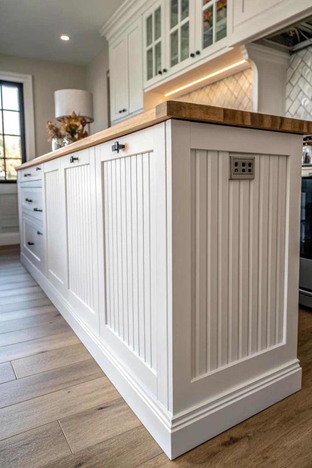 Beadboard cabinet ends add instant farmhouse charm—custom look, minimal budget, big impact.