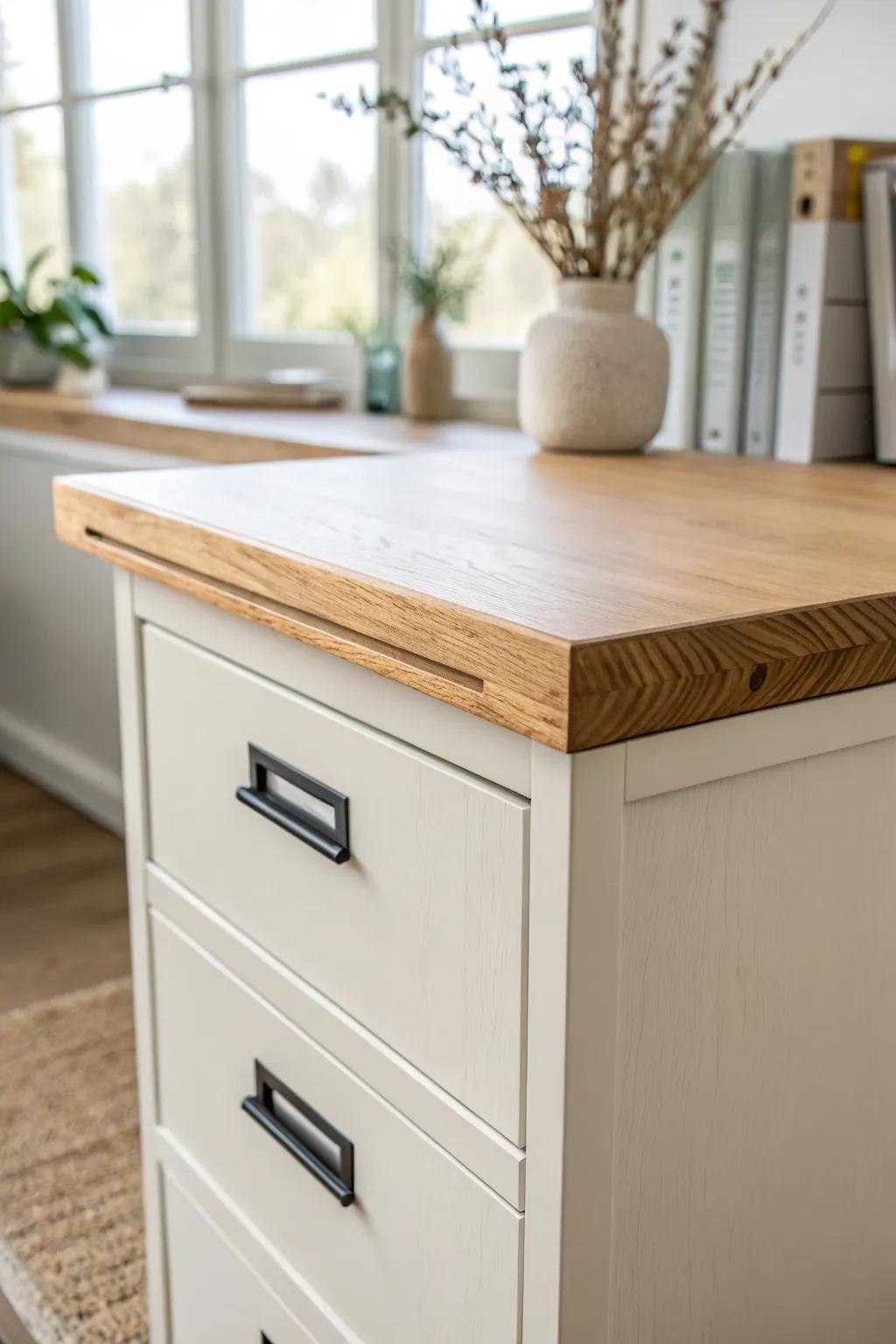 A removable, no-slip desk top: hidden cleats + shelf liner keep file cabinet desks rock solid.