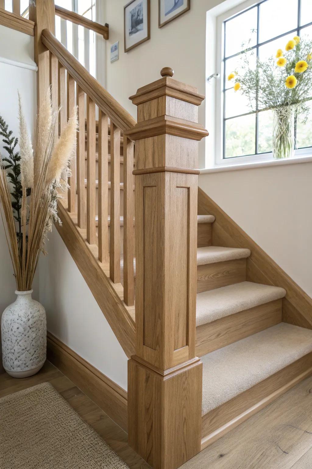 Chunky box newel post: timeless, sturdy, and beautifully finished for a clean stair upgrade.