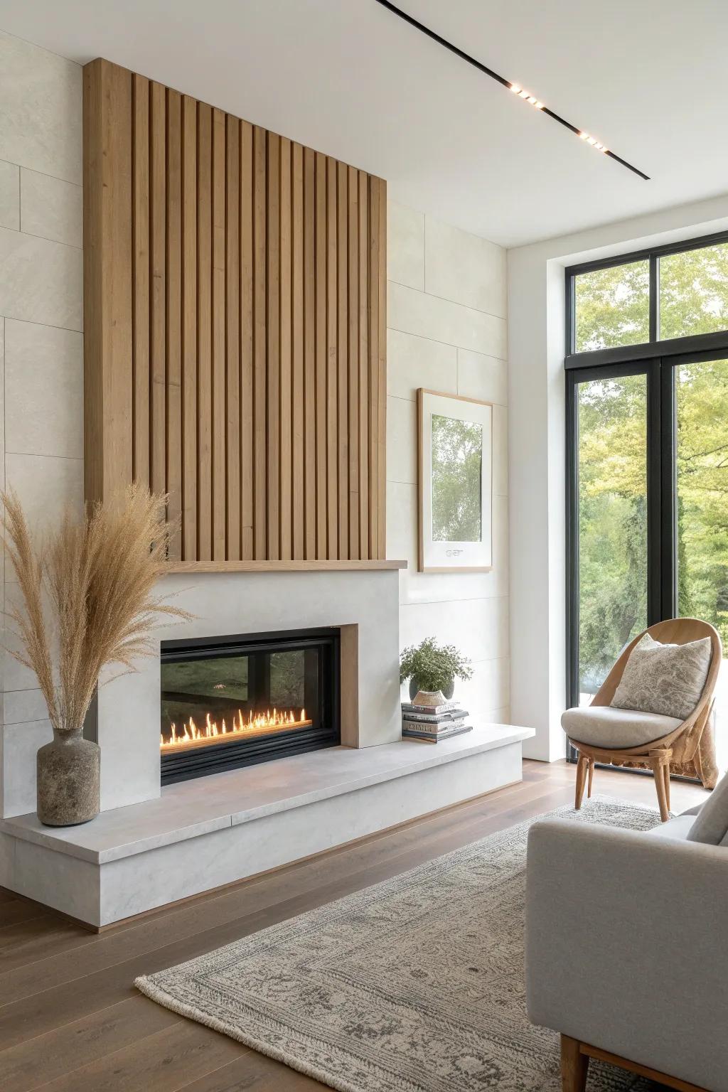 Modern fireplace bump-out with vertical oak slats—minimal, warm texture and clean lines.