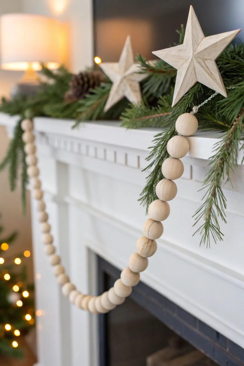 Nordic calm by the fire: handmade wood-bead garland with paper stars and a hint of pine.