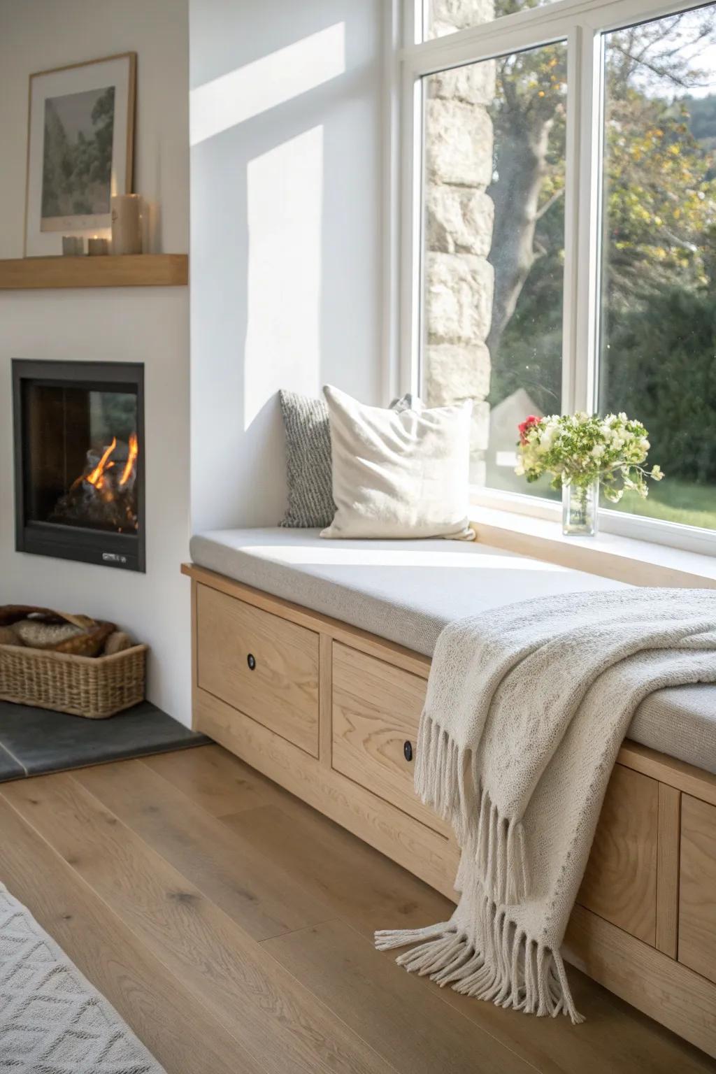 A cozy oak window seat beside the fireplace—sunlit, minimal, and made for slow mornings.