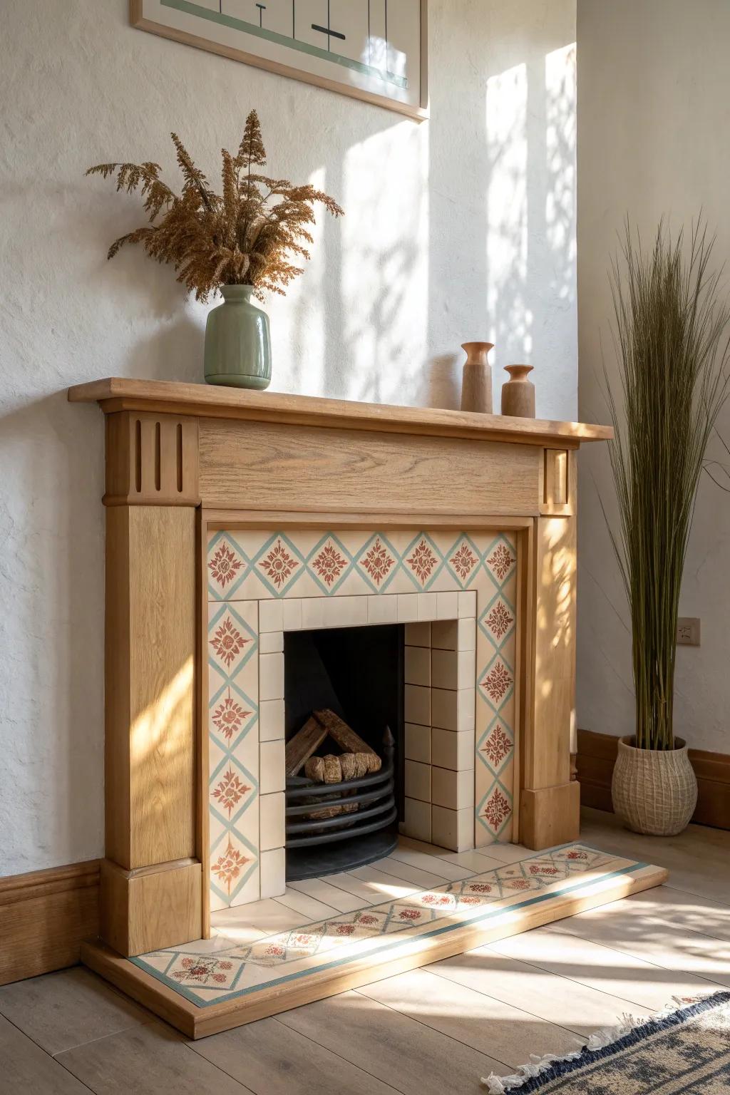 Patterned tile frames a simple oak mantel, turning a dated surround into a modern showpiece.