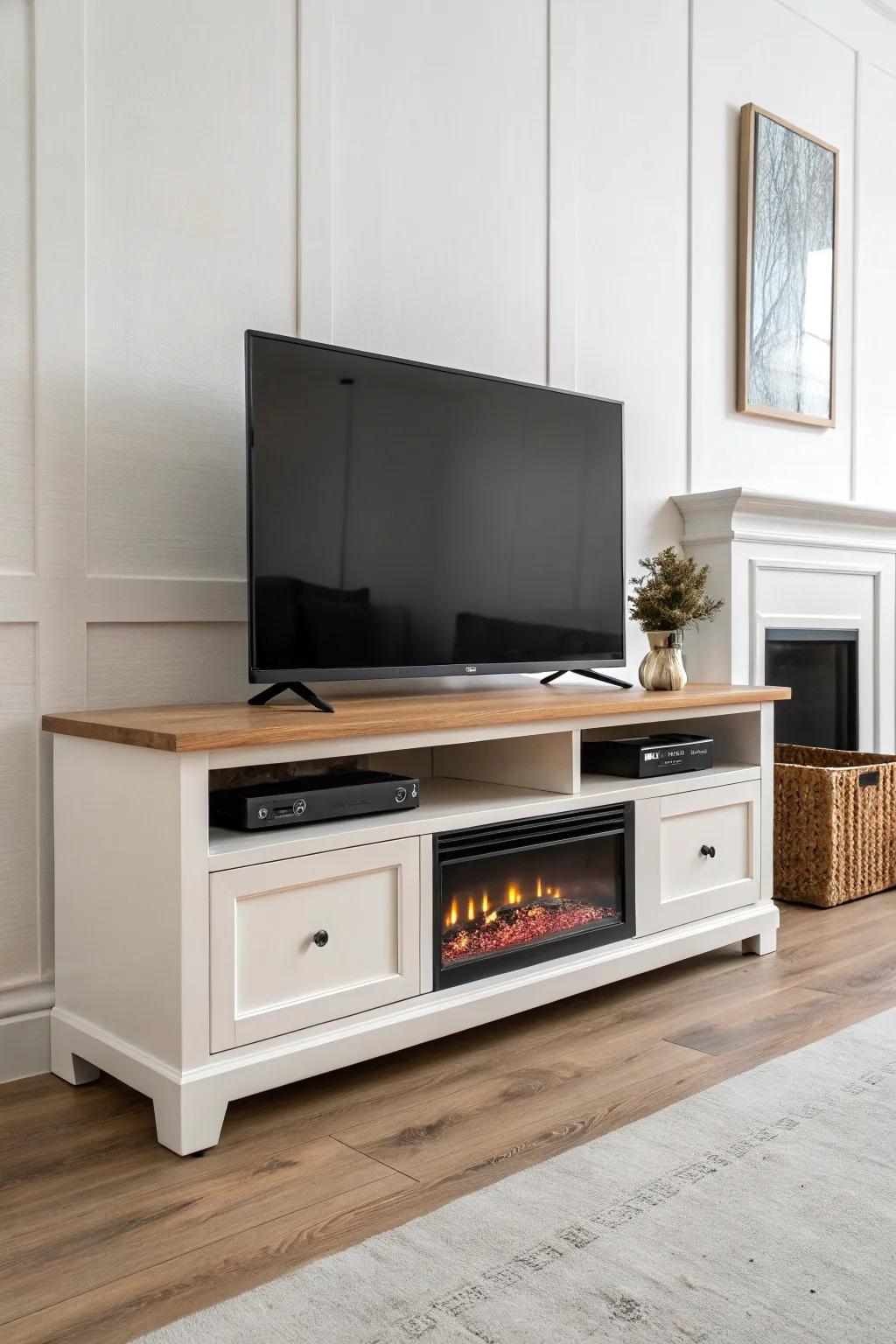 Extra-wide oak fireplace TV stand with hidden center brace for a balanced, grounded look.