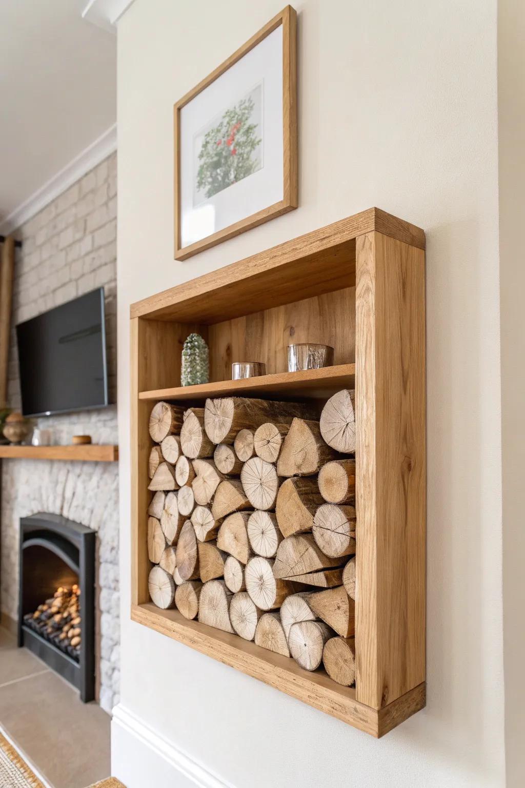 Floating firewood shelf: a clean, boxy wall block that stores logs with rustic minimal charm.