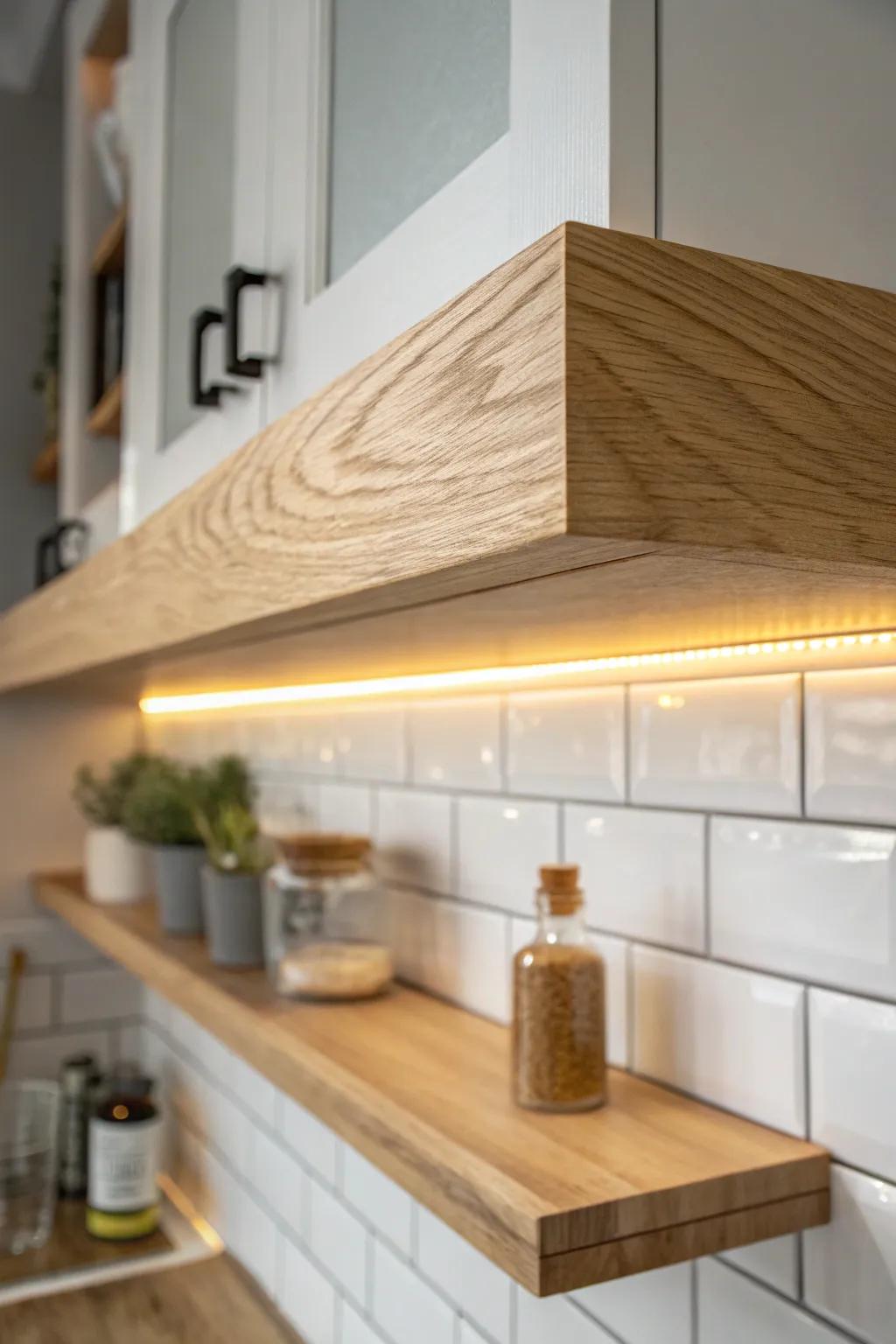 Light oak floating shelf with warm underglow—task lighting that makes open kitchen storage shine.