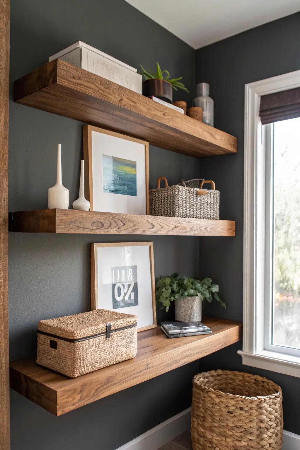 Warm oak floating shelves against a dark accent wall—minimal, crafted, and beautifully intentional.