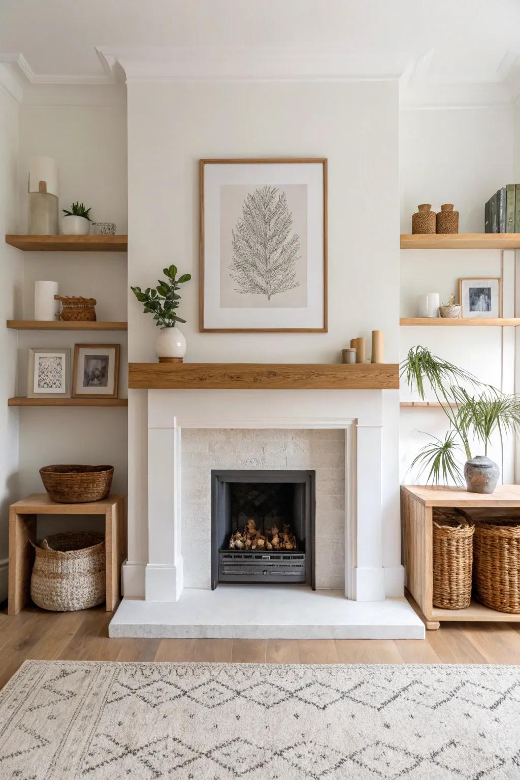 Center bold art above the fireplace, keep side floating shelves minimal with one shared accent.