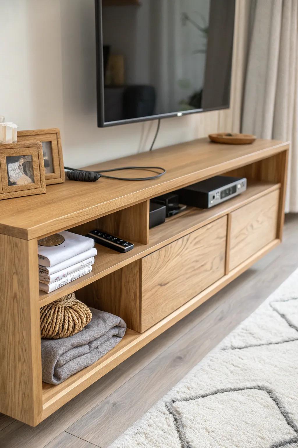 A floating TV stand with a flip-down door—hidden storage and a handy charging shelf.