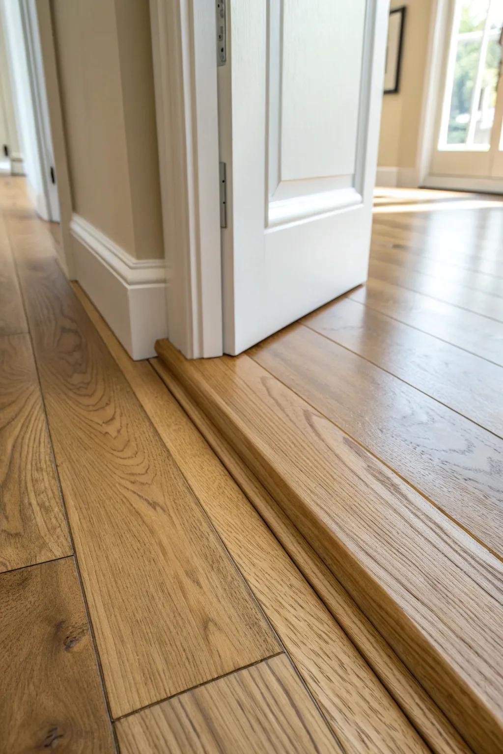 A seamless, grain-matched wood threshold crafted from floor offcuts—simple, warm, made to fit.