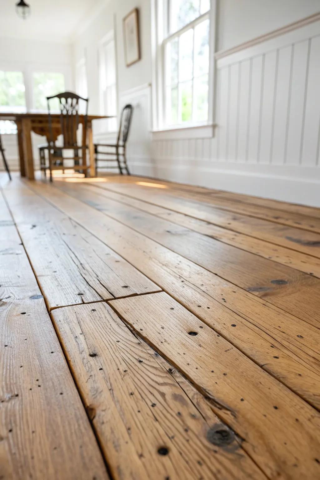 Reclaimed wood dining room flooring—sealed for durability, celebrated for every knot and nail mark.