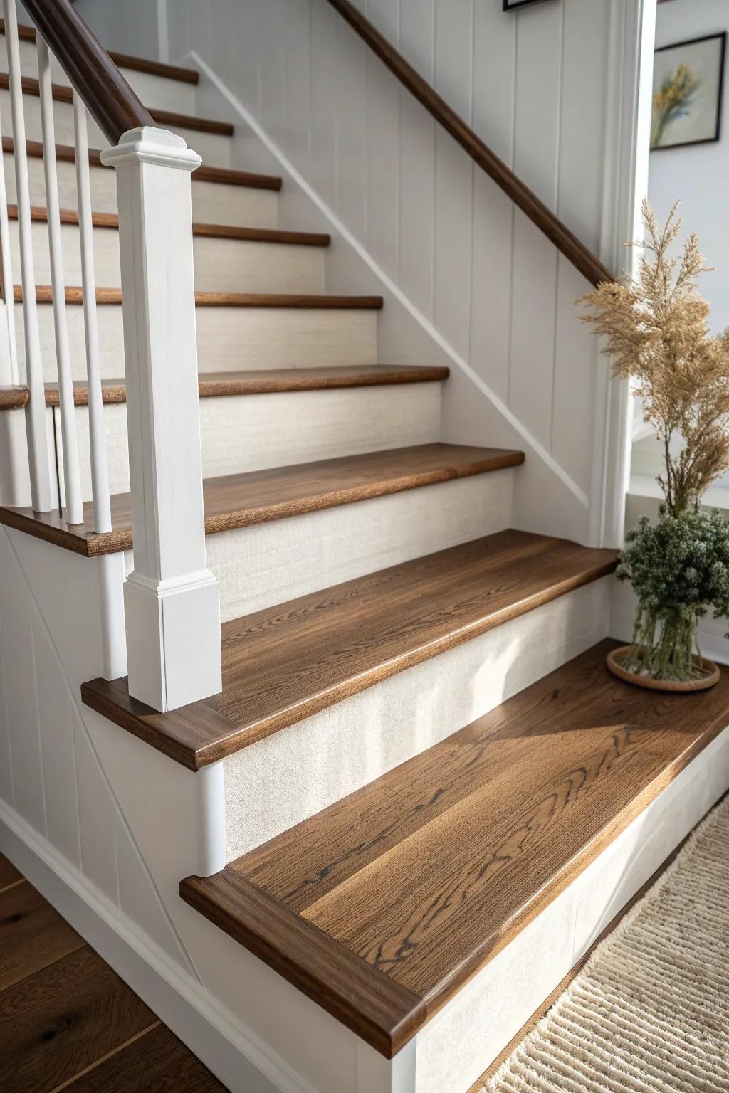 Dark walnut treads meet a light oak landing—dramatic contrast that keeps the hallway airy.