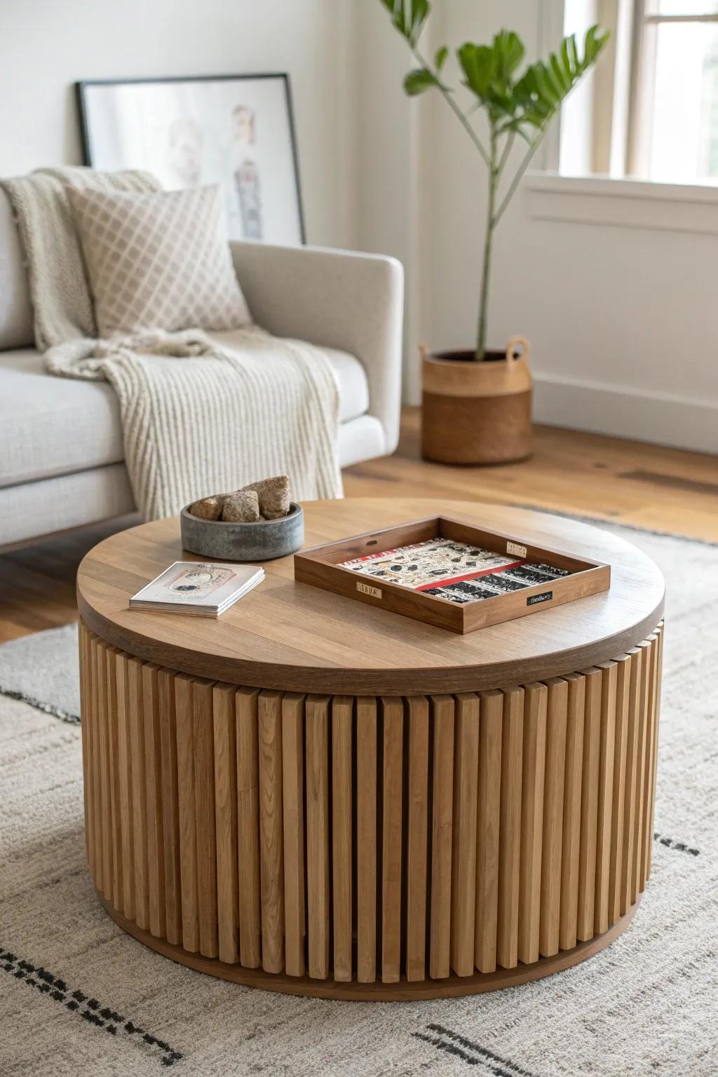 Fluted drum coffee table with lift-off lid—hidden storage that keeps the room calm.