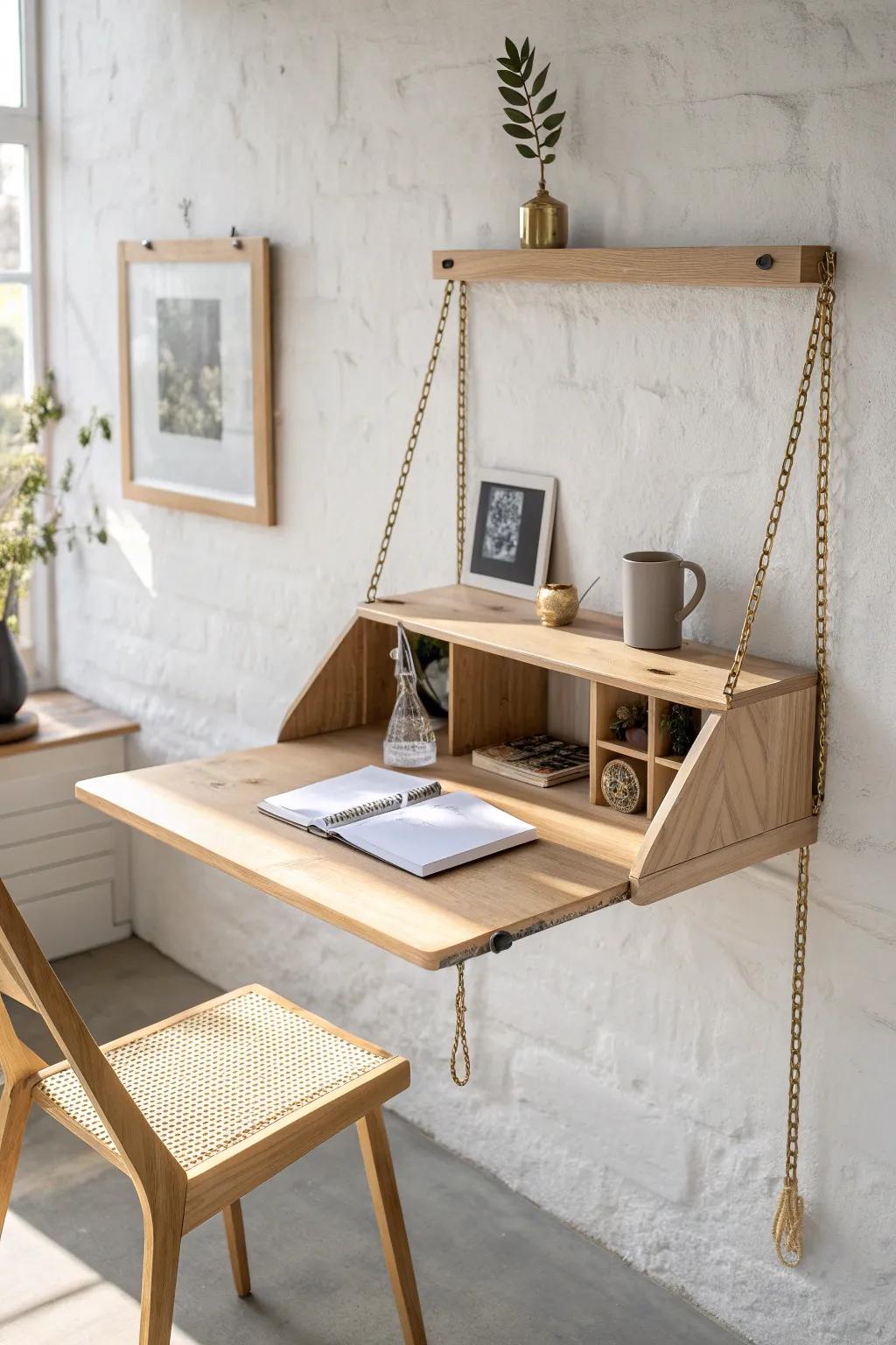 Rustic brass chains give this pale pine drop-leaf desk a light look with sturdy support.