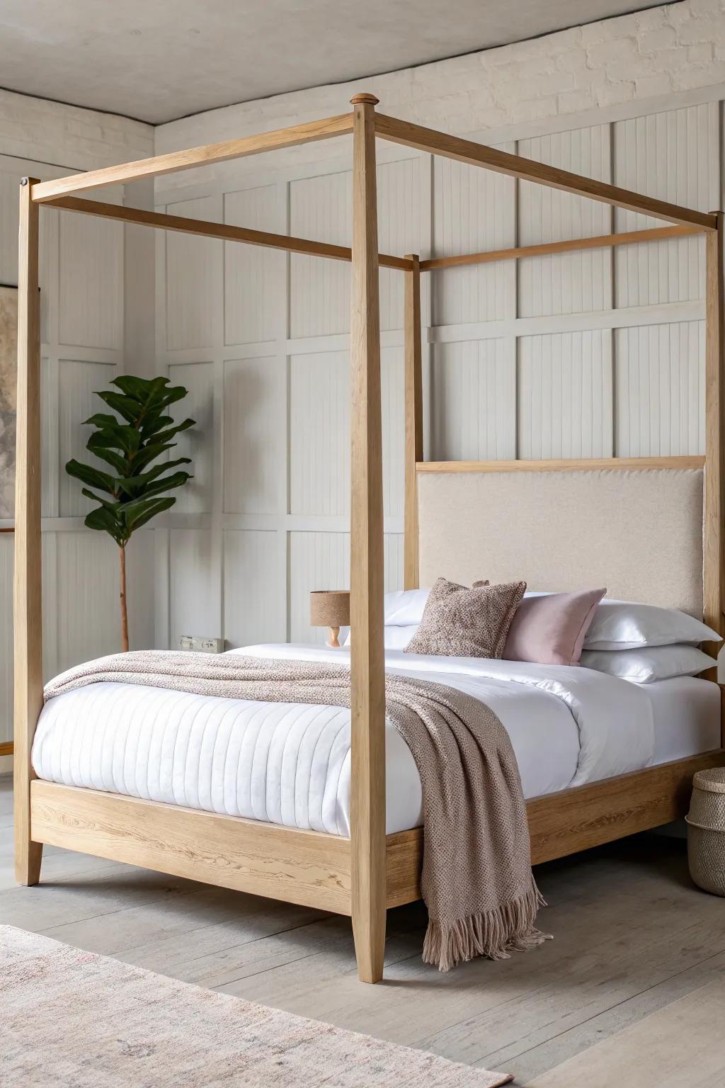 Plush boucle headboard framed by slender oak posts—cozy comfort meets clean Nordic lines.