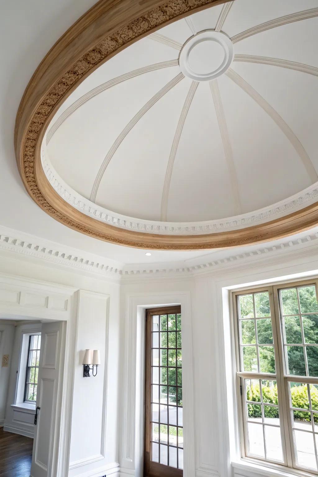 A soft domed foyer ceiling trimmed in light oak—minimal, warm, and quietly dramatic.