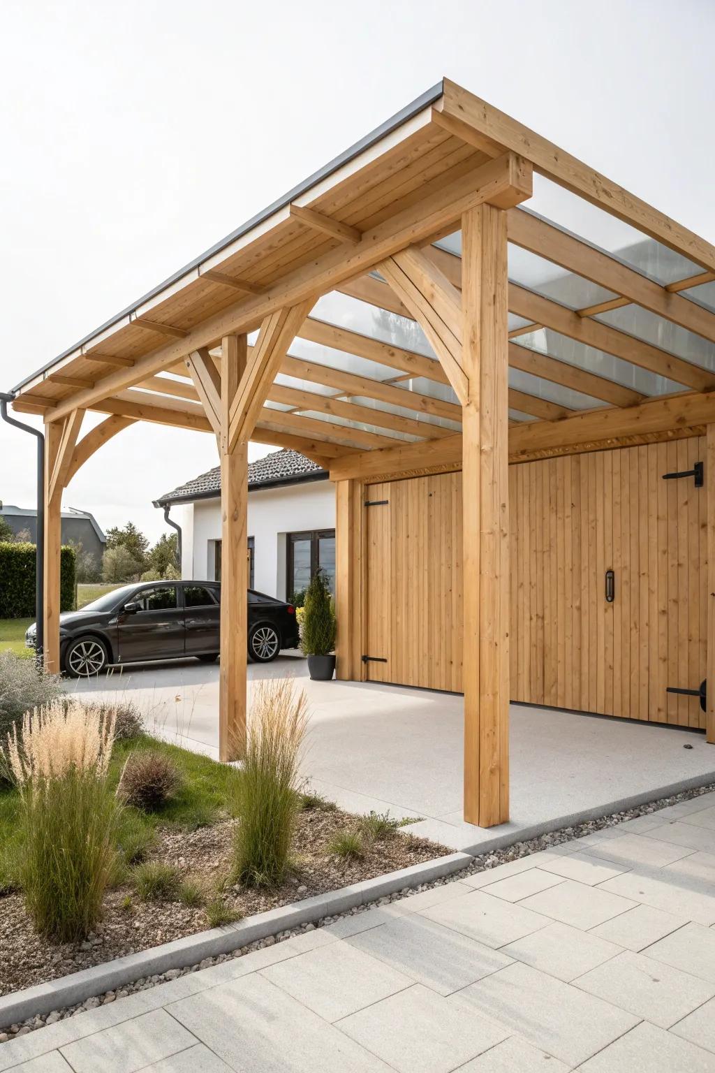 Translucent roof panels keep a freestanding wooden carport bright, airy, and welcoming.