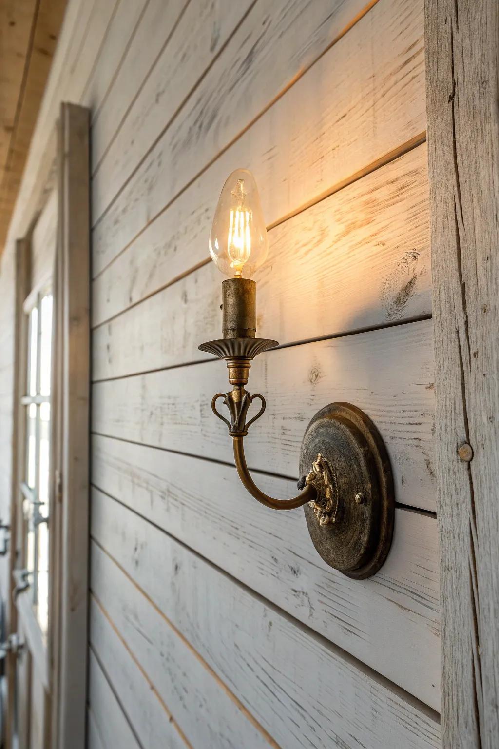 Aged brass sconce, soft amber glow—French cottage warmth against whitewashed wood.