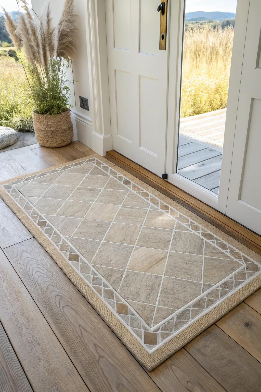 A faux stone tile “rug” framed in oak adds instant French-country charm right at the door.
