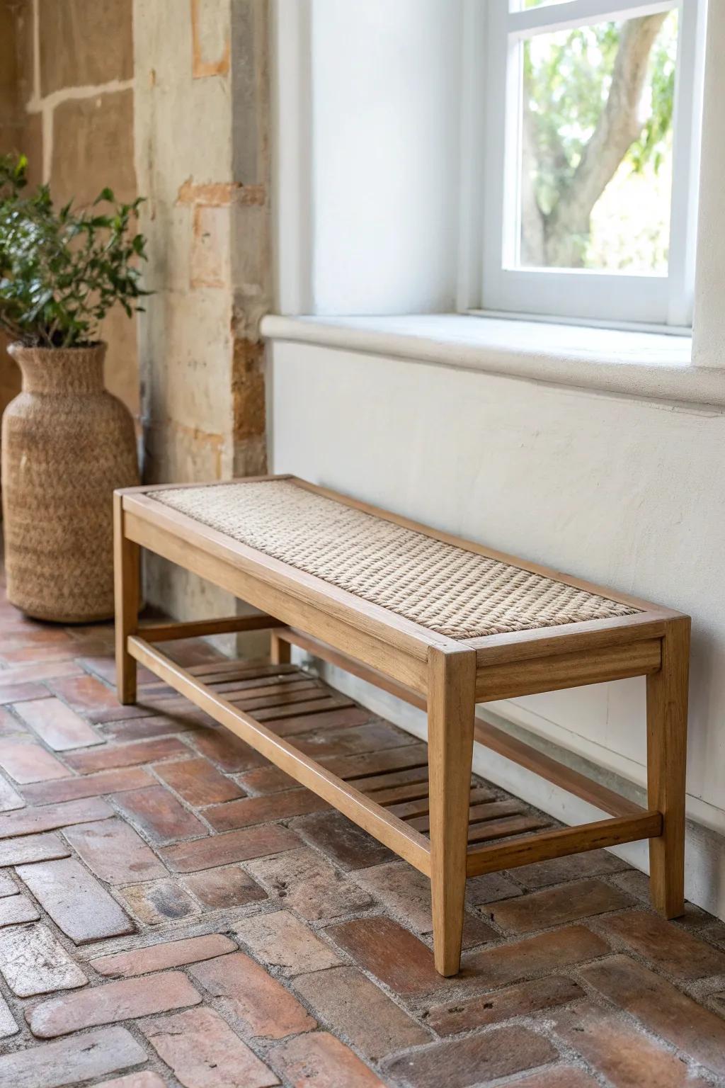Handcrafted oak bench on weathered brick pavers—French country warmth with Scandinavian calm.