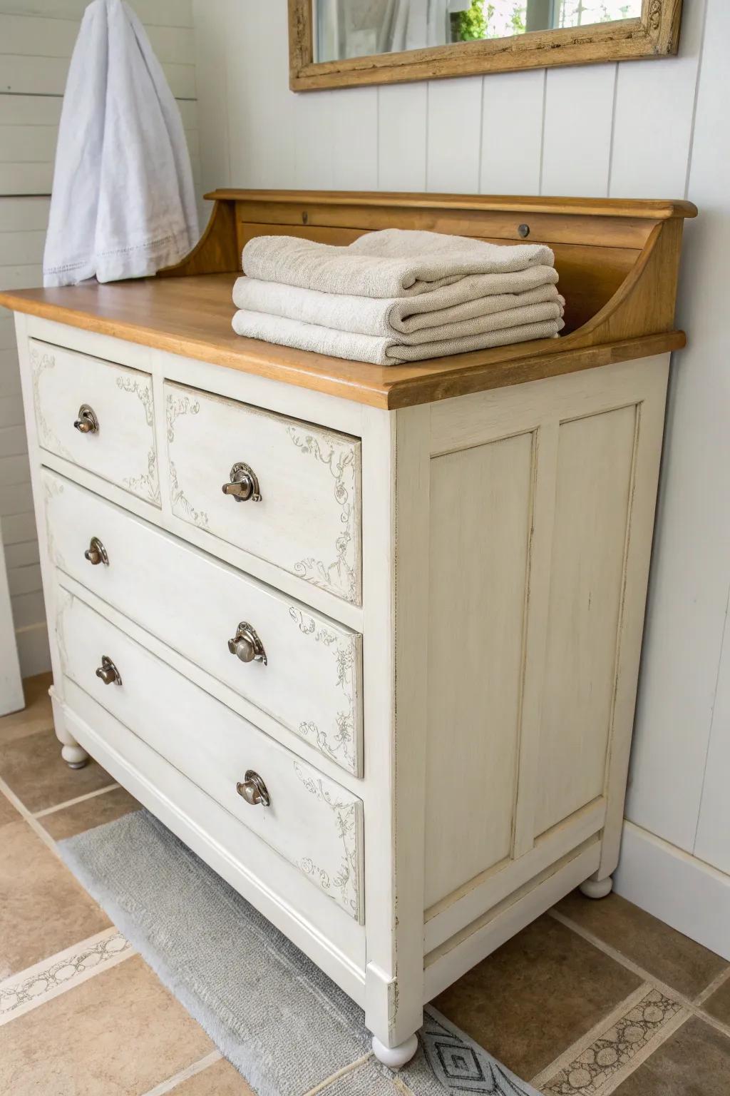 Repurposed dresser folding base with a soft distressed finish—French Country laundry room style.